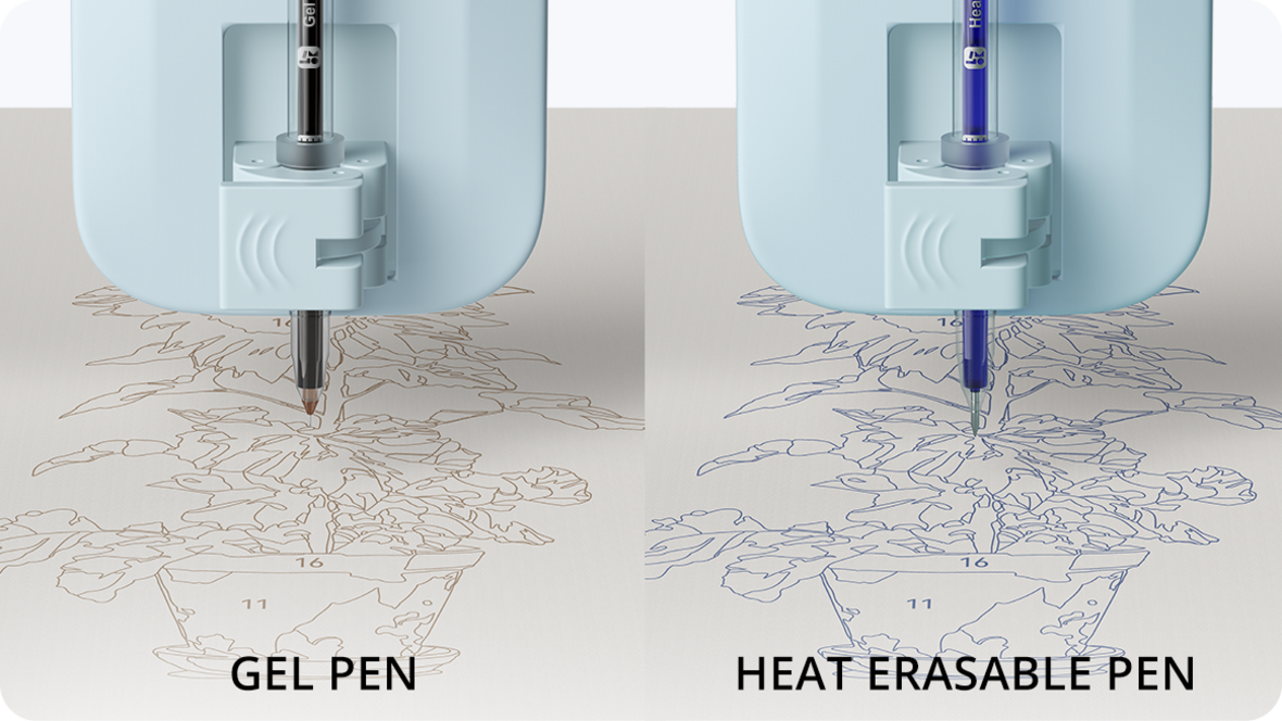 Due penne disegnano il contorno di una pianta; una usa una penna gel marrone, l'altra una penna cancellabile a caldo blu.