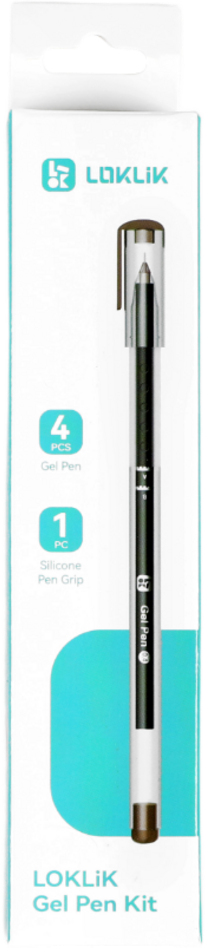 Una scatola bianca mostra un kit di penne gel LOKLik con 4 penne e 1 impugnatura in silicone.