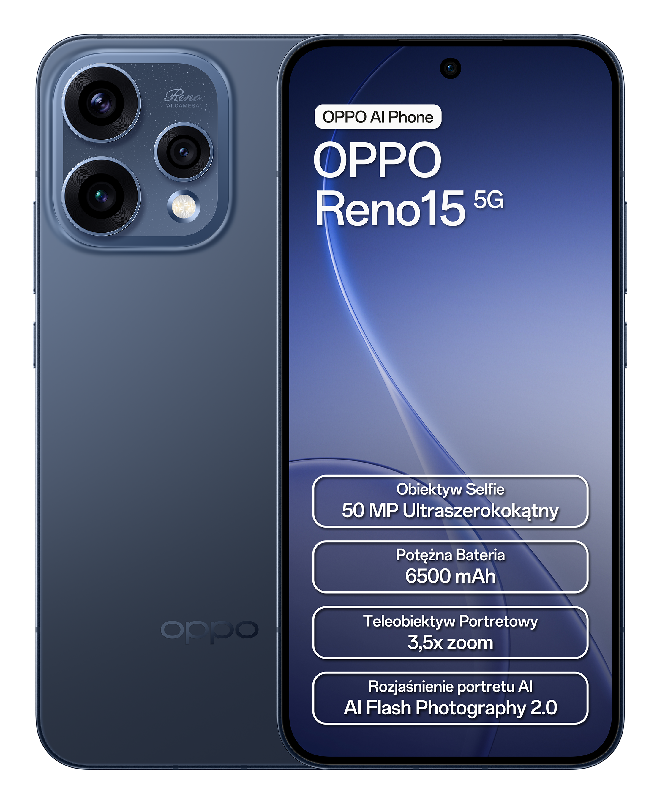 Niebieski smartfon OPPO Reno15 5G z trzema tylnymi aparatami i detalami ekranu.