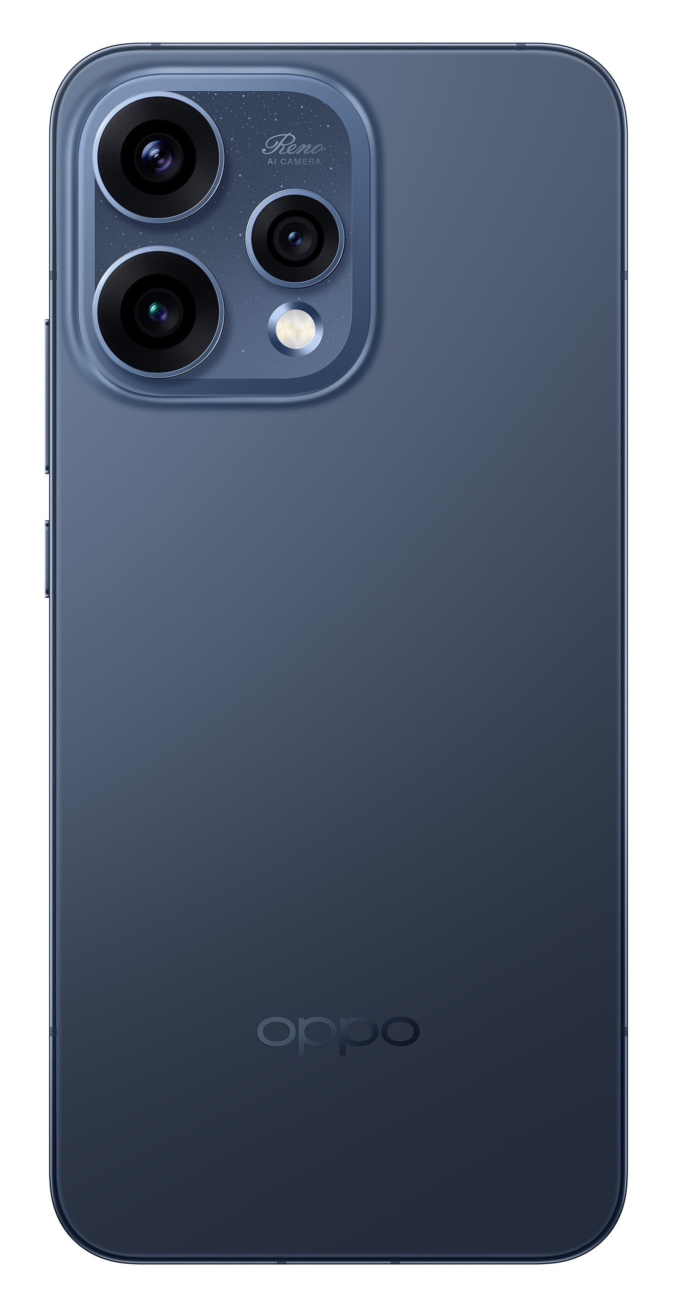 Ciemnoniebieski smartfon z potrójnym aparatem i logo OPPO.