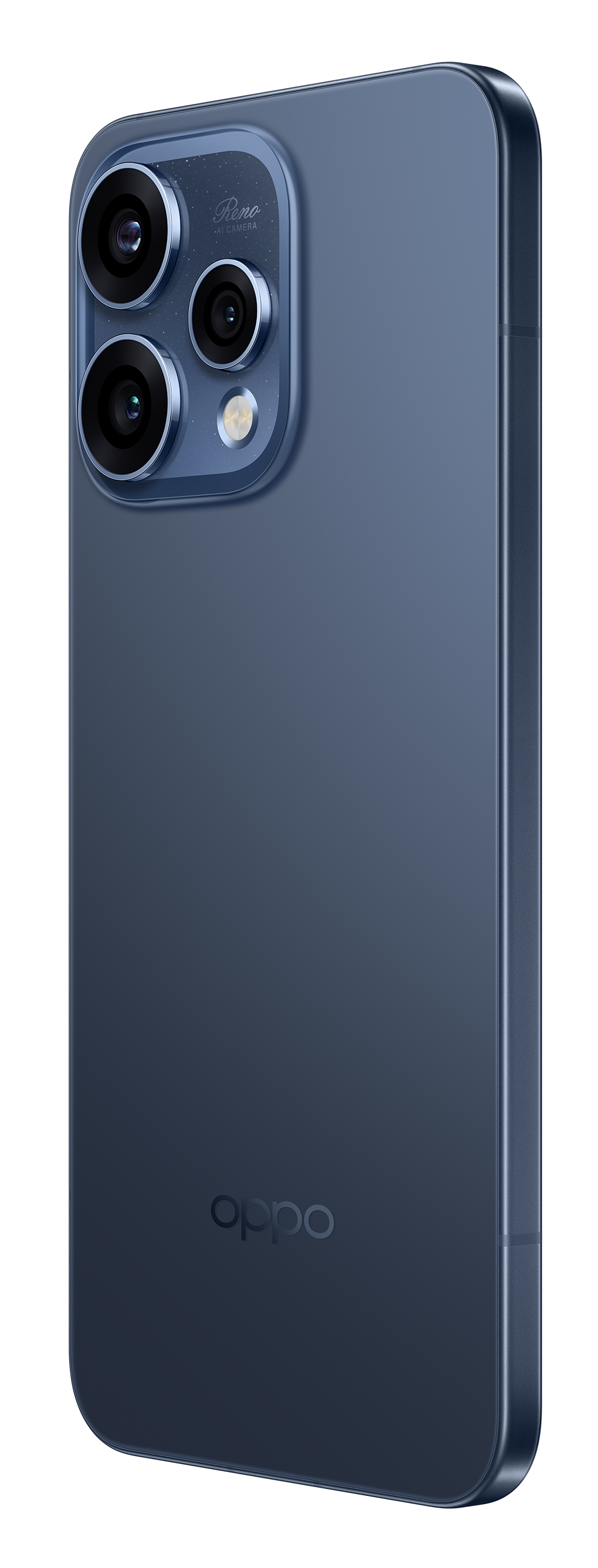 Ciemnoniebieski telefon Oppo Reno z trzema aparatami i logo.