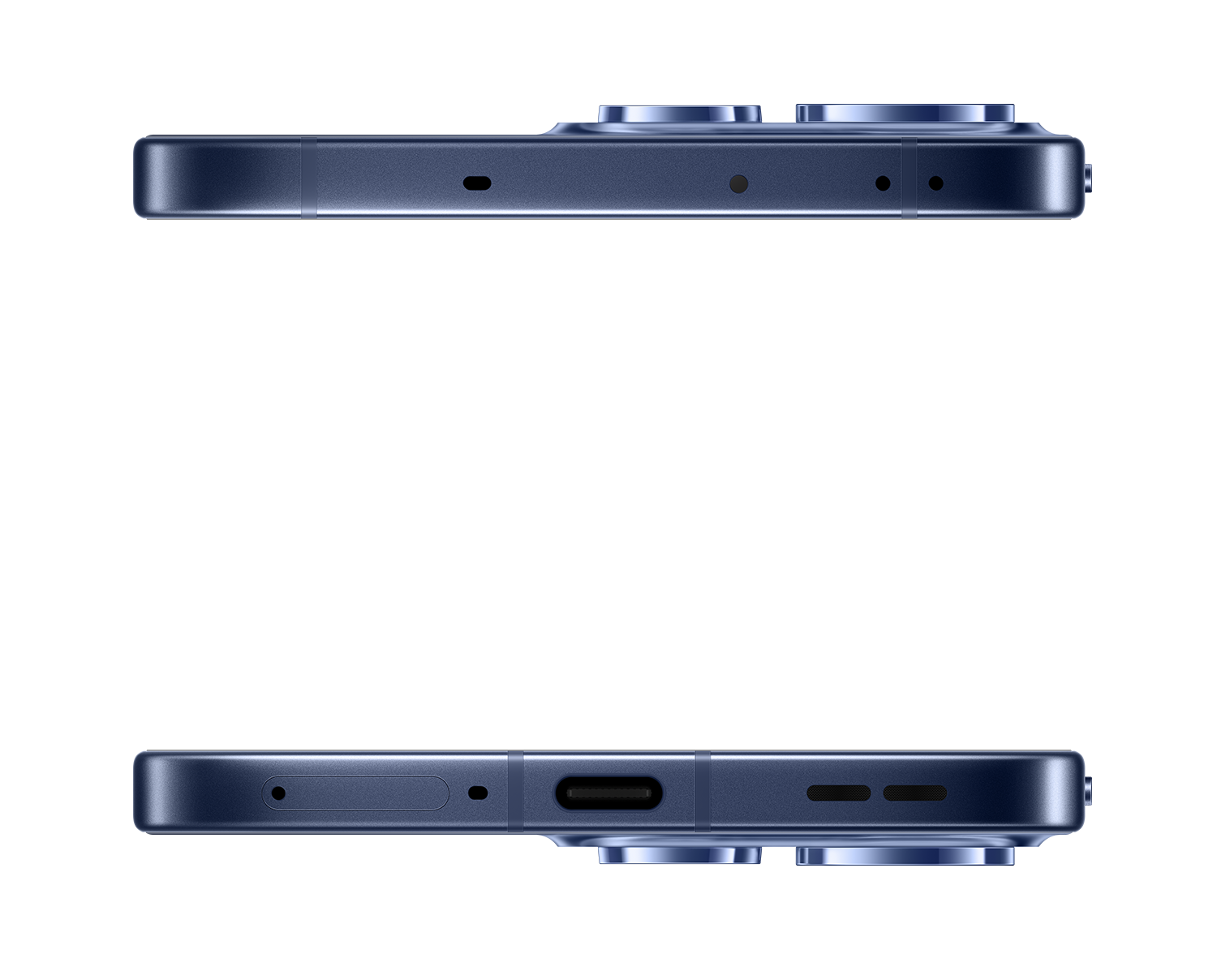 Górny i dolny widok niebieskiego smartfona, pokazujący kamery, mikrofony i port ładowania.