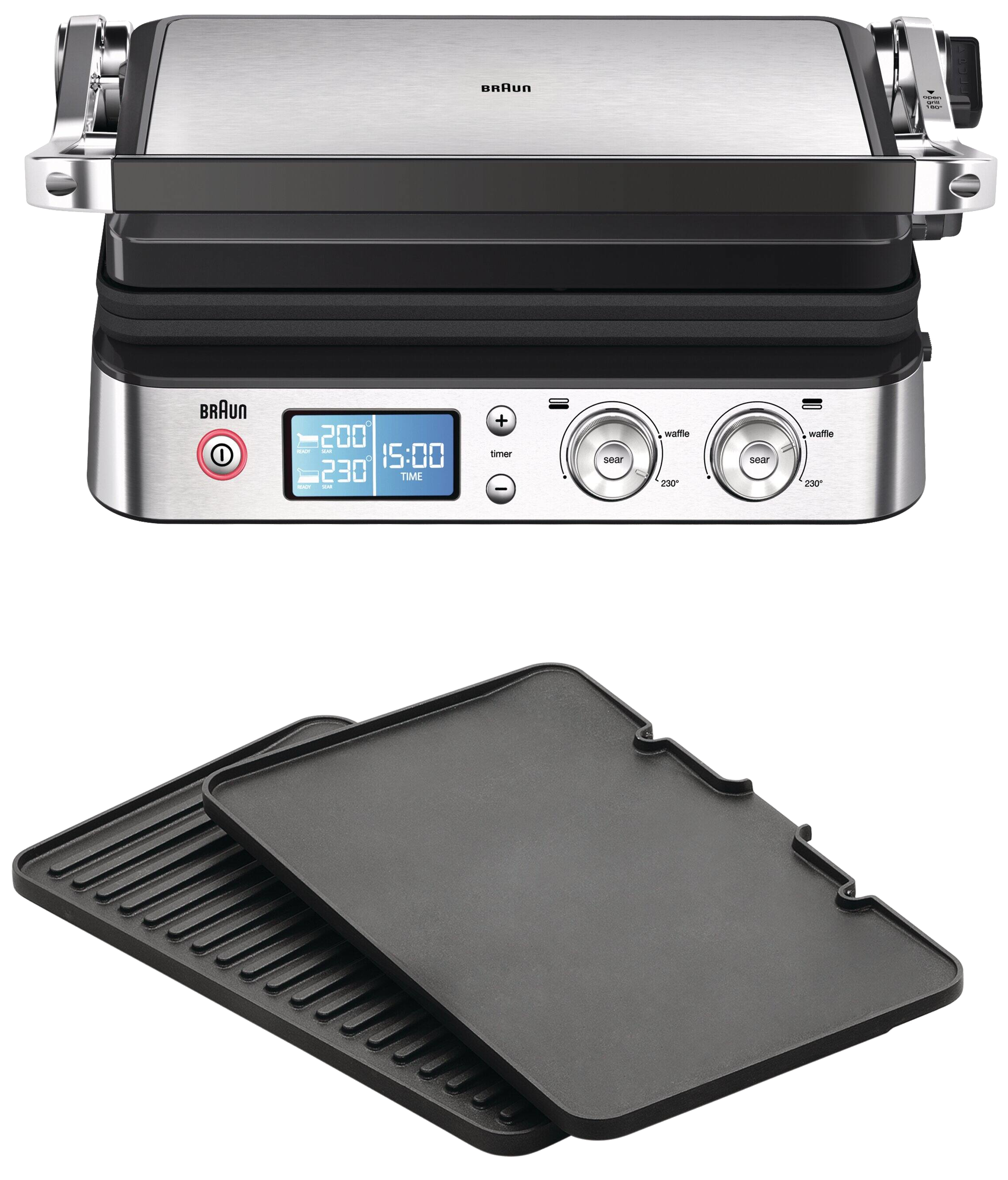 Braun Grill mit Digitalanzeige, Knöpfen und zwei austauschbaren Platten.