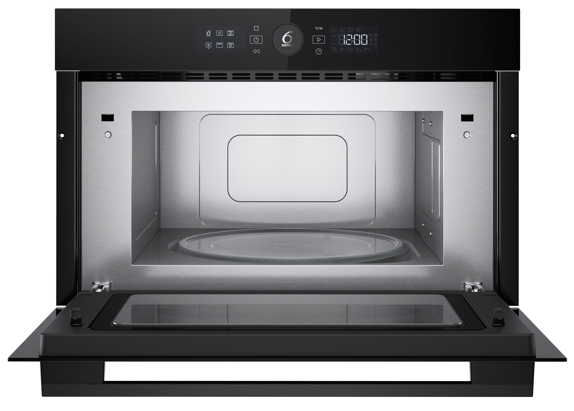 Otwarta czarna kuchenka mikrofalowa z wnętrzem ze stali nierdzewnej, cyfrowym wyświetlaczem i szklanym talerzem.