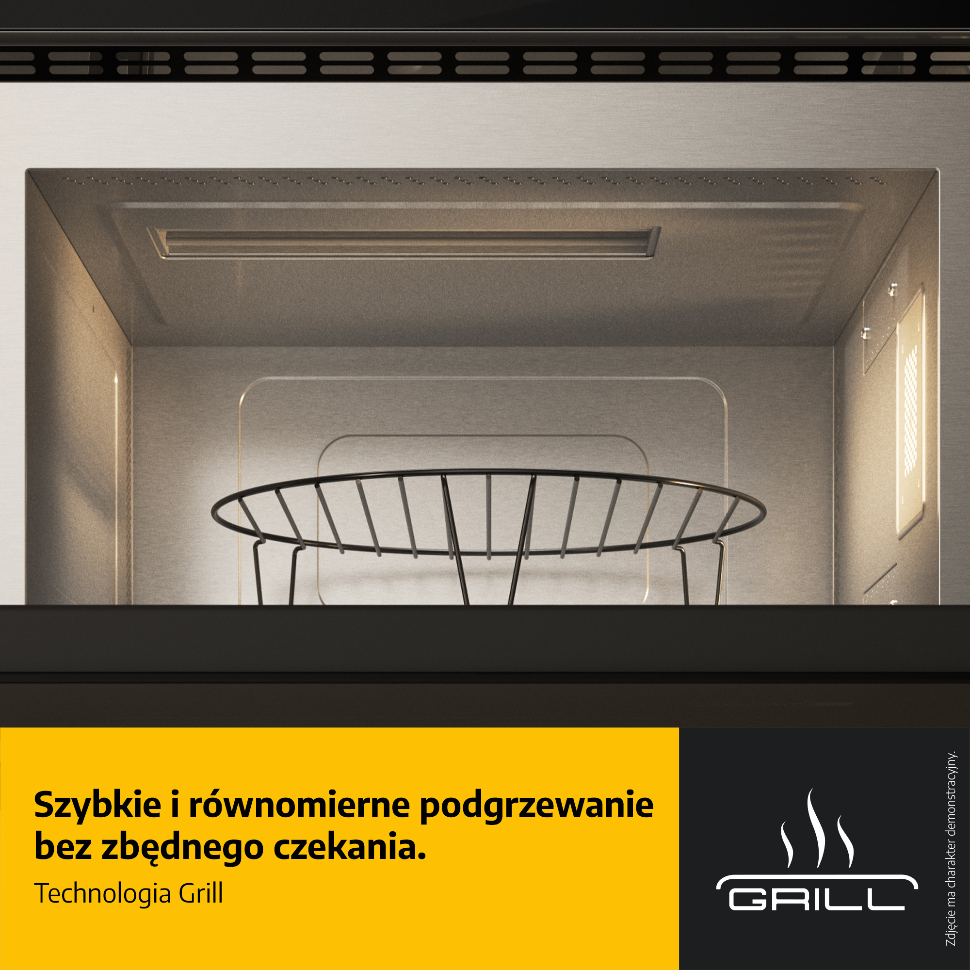 Wnętrze mikrofalówki z rusztem grillowym. Tekst: 'Szybkie i równomierne podgrzewanie'.