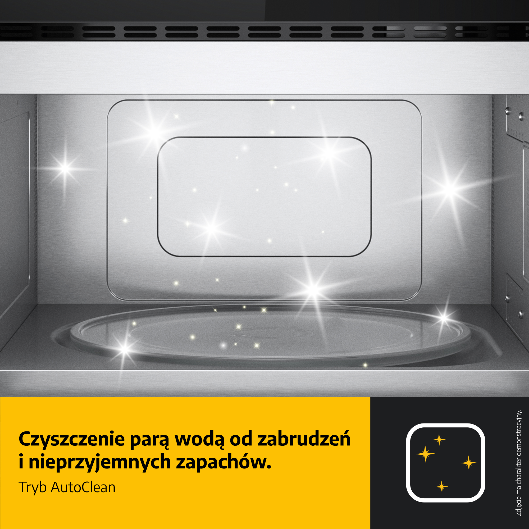 Wnętrze mikrofalówki z czyszczeniem parą. Błyszczące gwiazdy.
