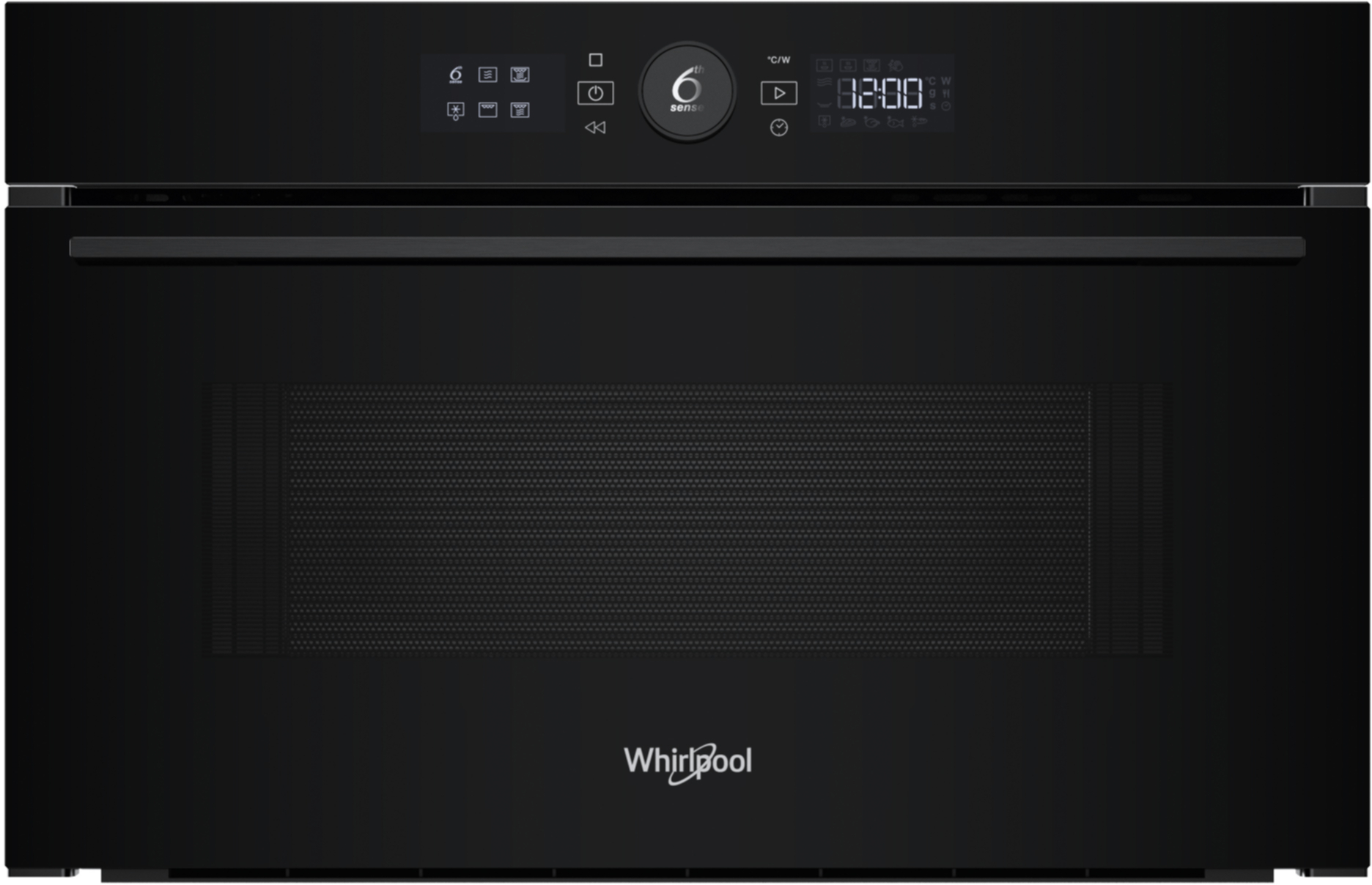 Czarny piekarnik Whirlpool z cyfrowym wyświetlaczem pokazującym czas i ikony.