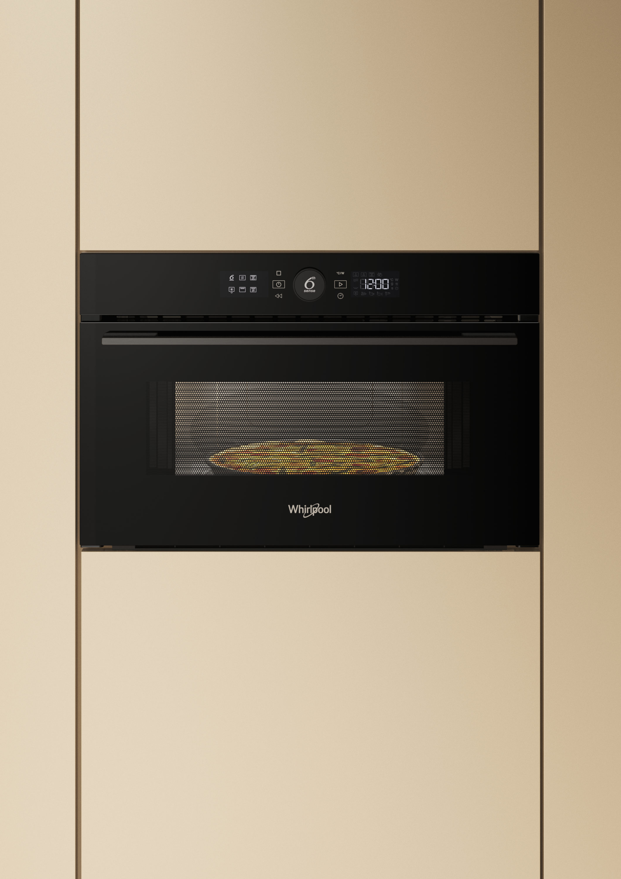 Piekarnik Whirlpool z pizzą w środku i cyfrowym wyświetlaczem.