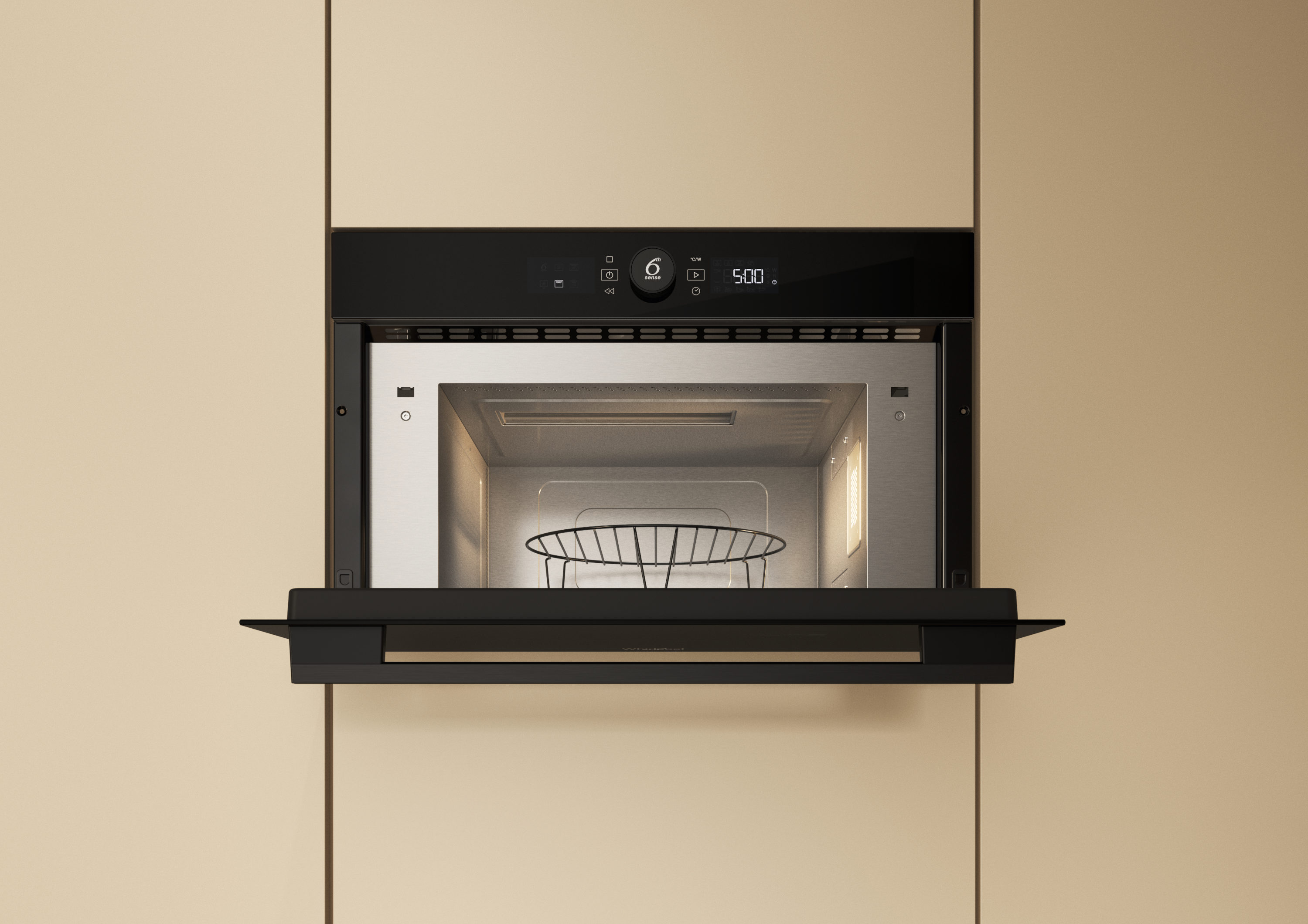 Otwarty wbudowany piekarnik mikrofalowy z cyfrowym wyświetlaczem i rusztem w środku.