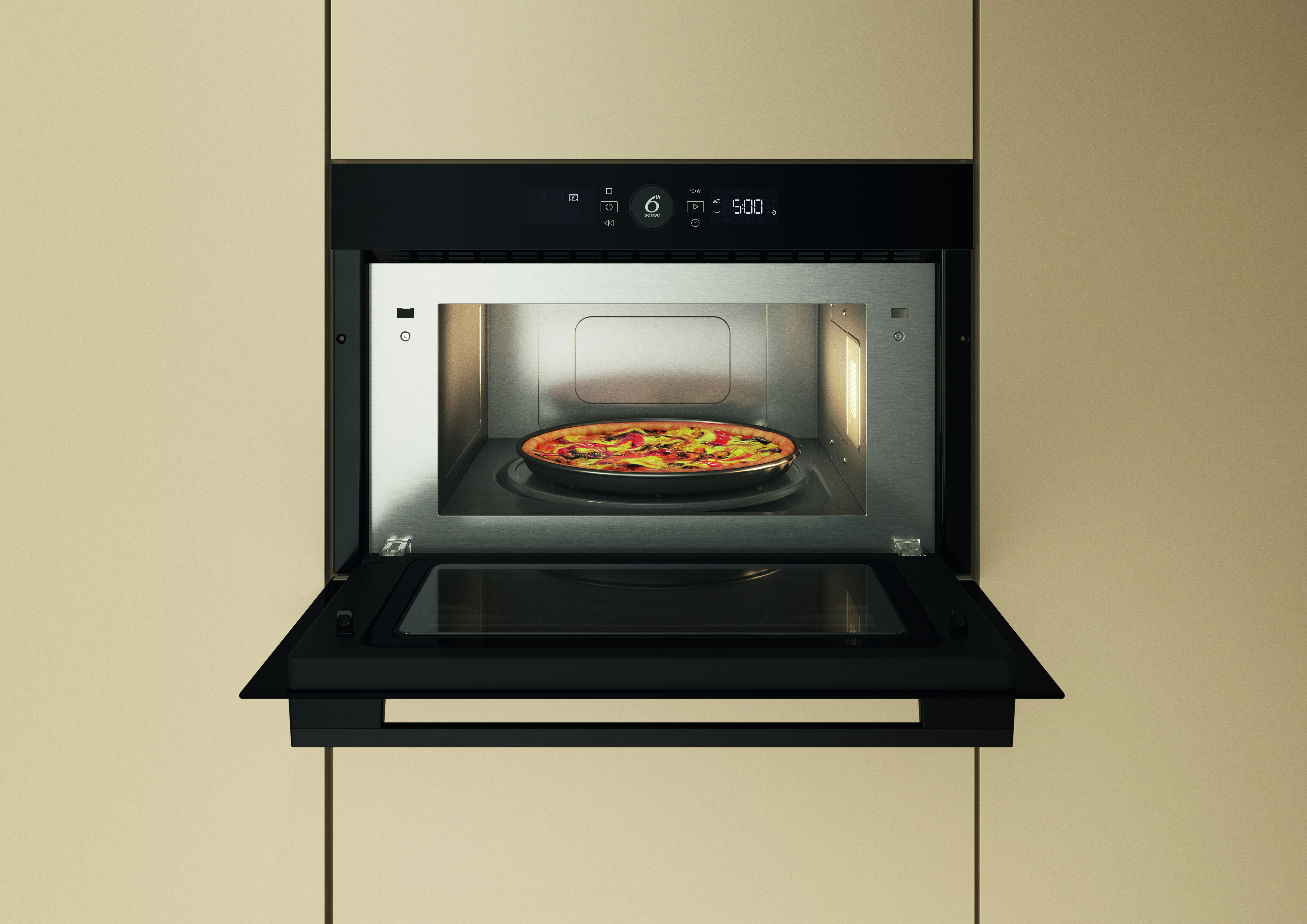 Otwarta kuchenka mikrofalowa z pizzą w środku. Wyświetlacz cyfrowy pokazuje 15:00.