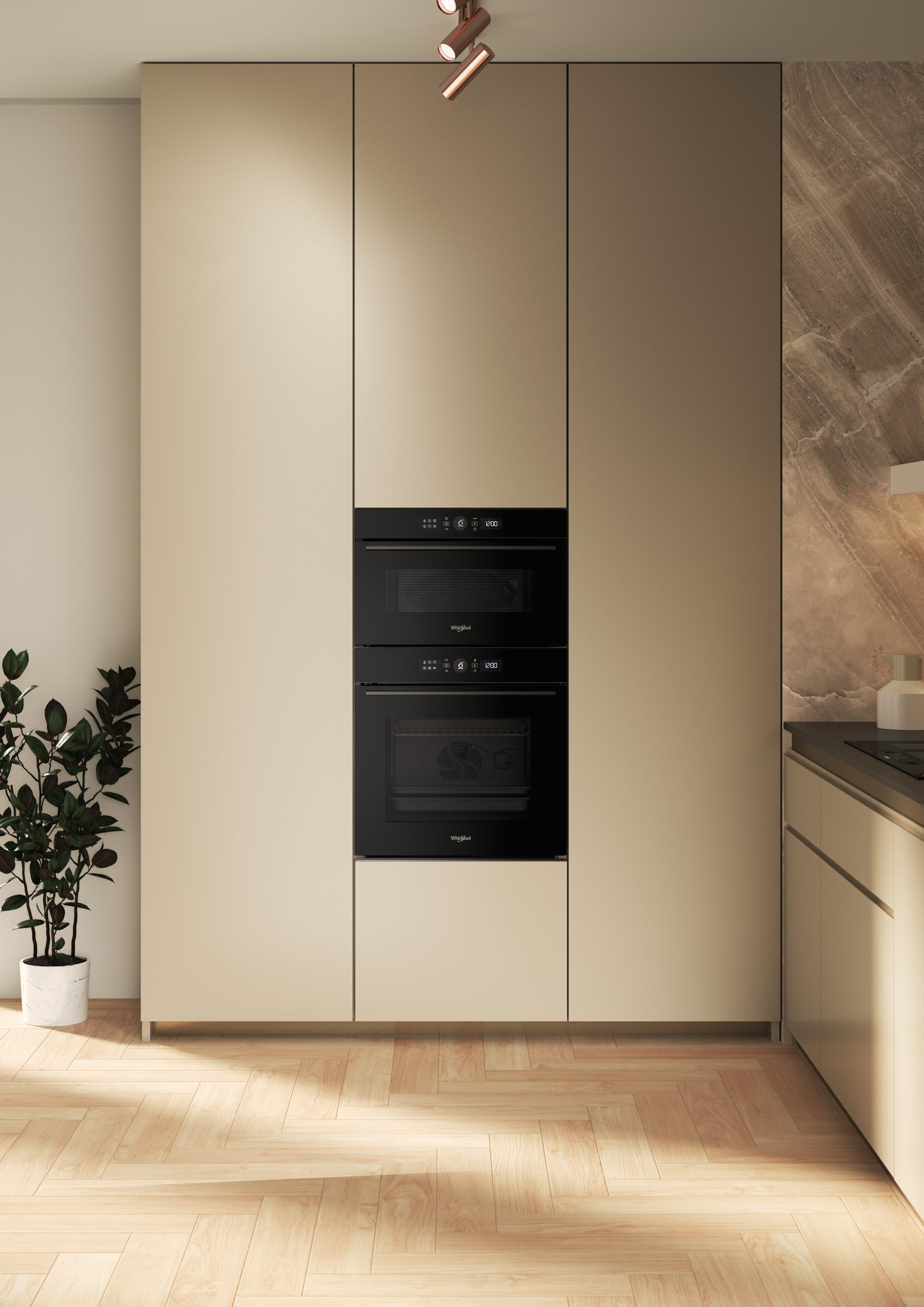 Nowoczesna szafka kuchenna z dwoma czarnymi piekarnikami, po lewej roślina w doniczce.