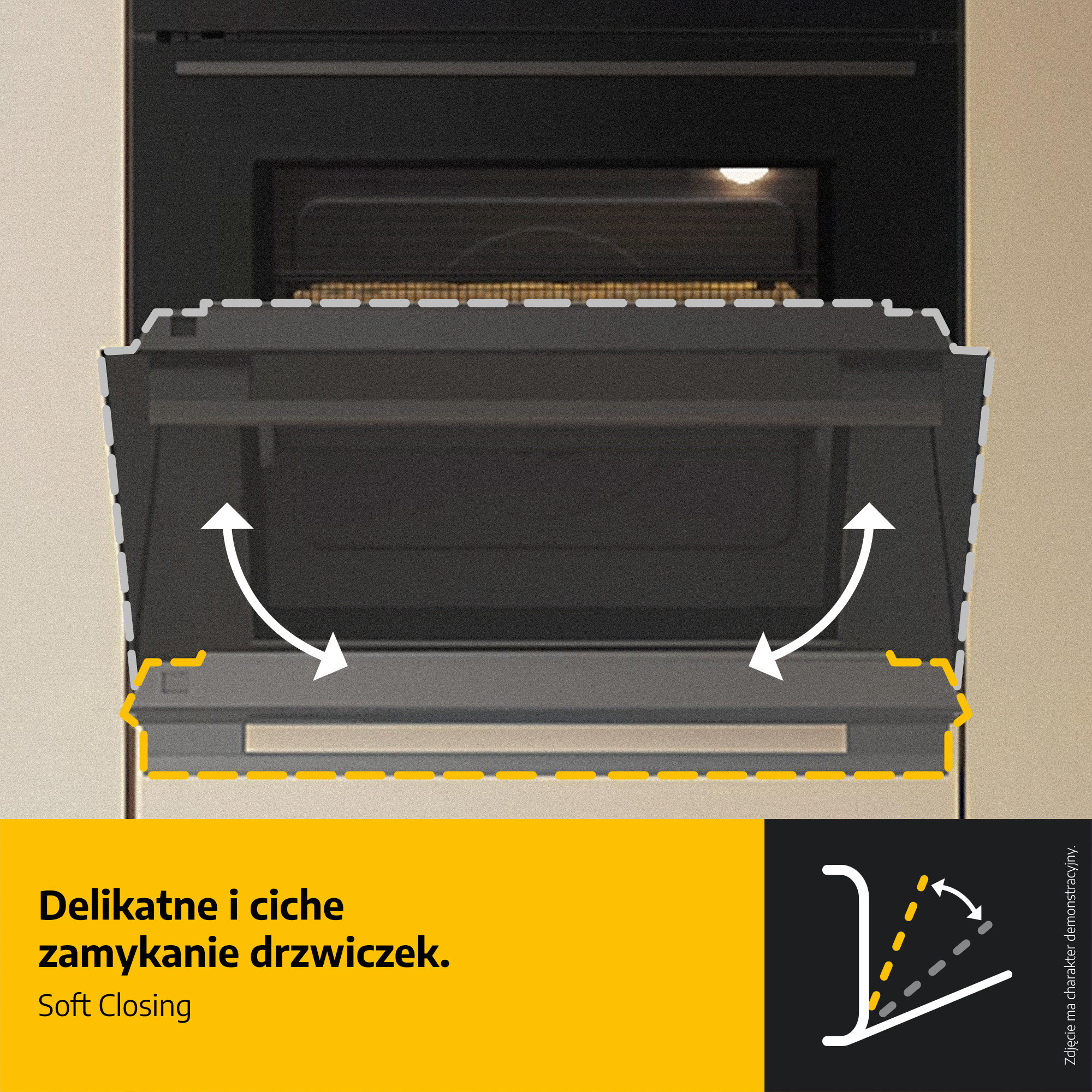 Nowoczesny piekarnik z otwartymi drzwiczkami, pokazujący delikatne zamykanie strzałkami.