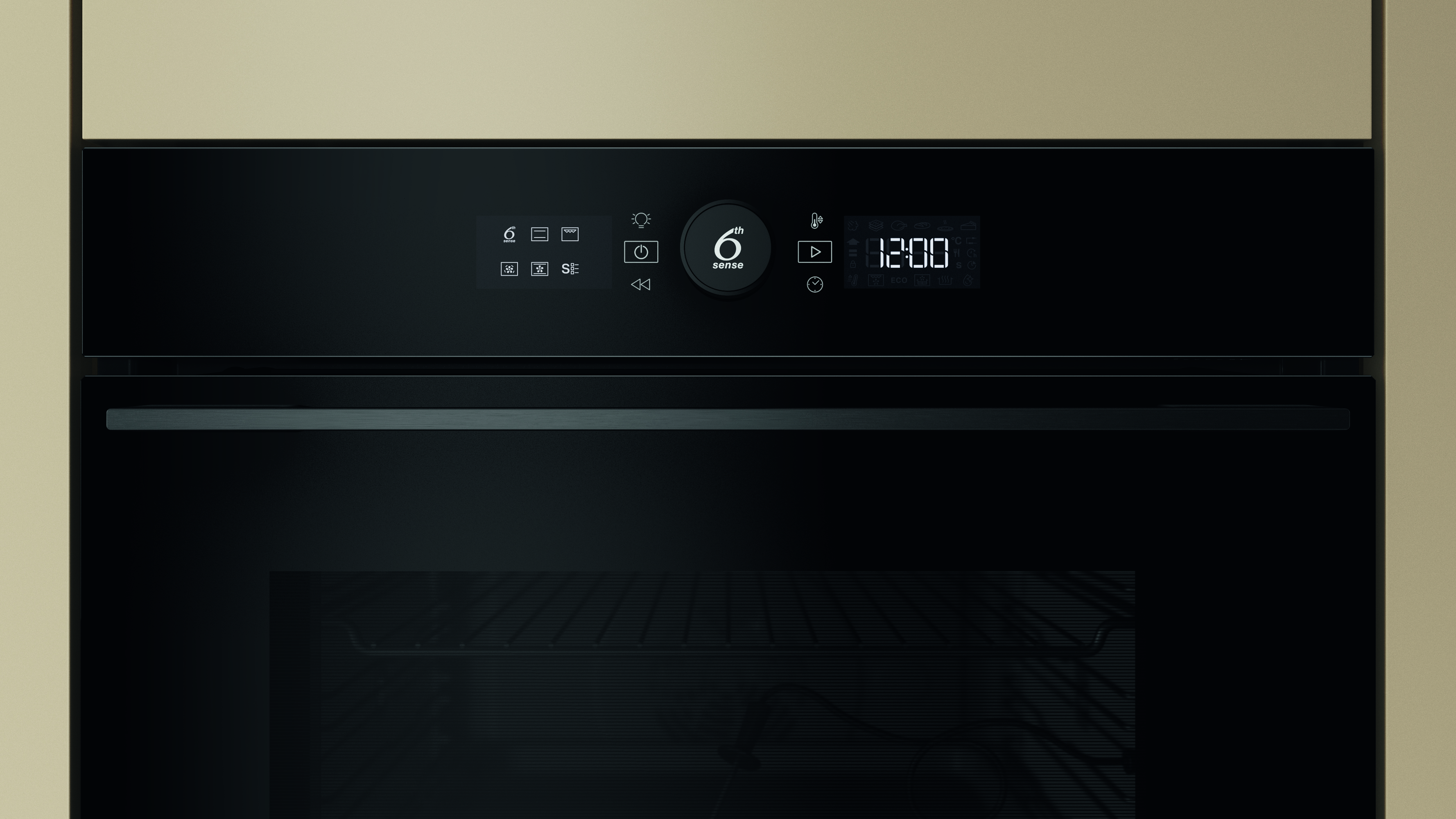 Nowoczesny czarny piekarnik z cyfrowym wyświetlaczem pokazującym 12:00.