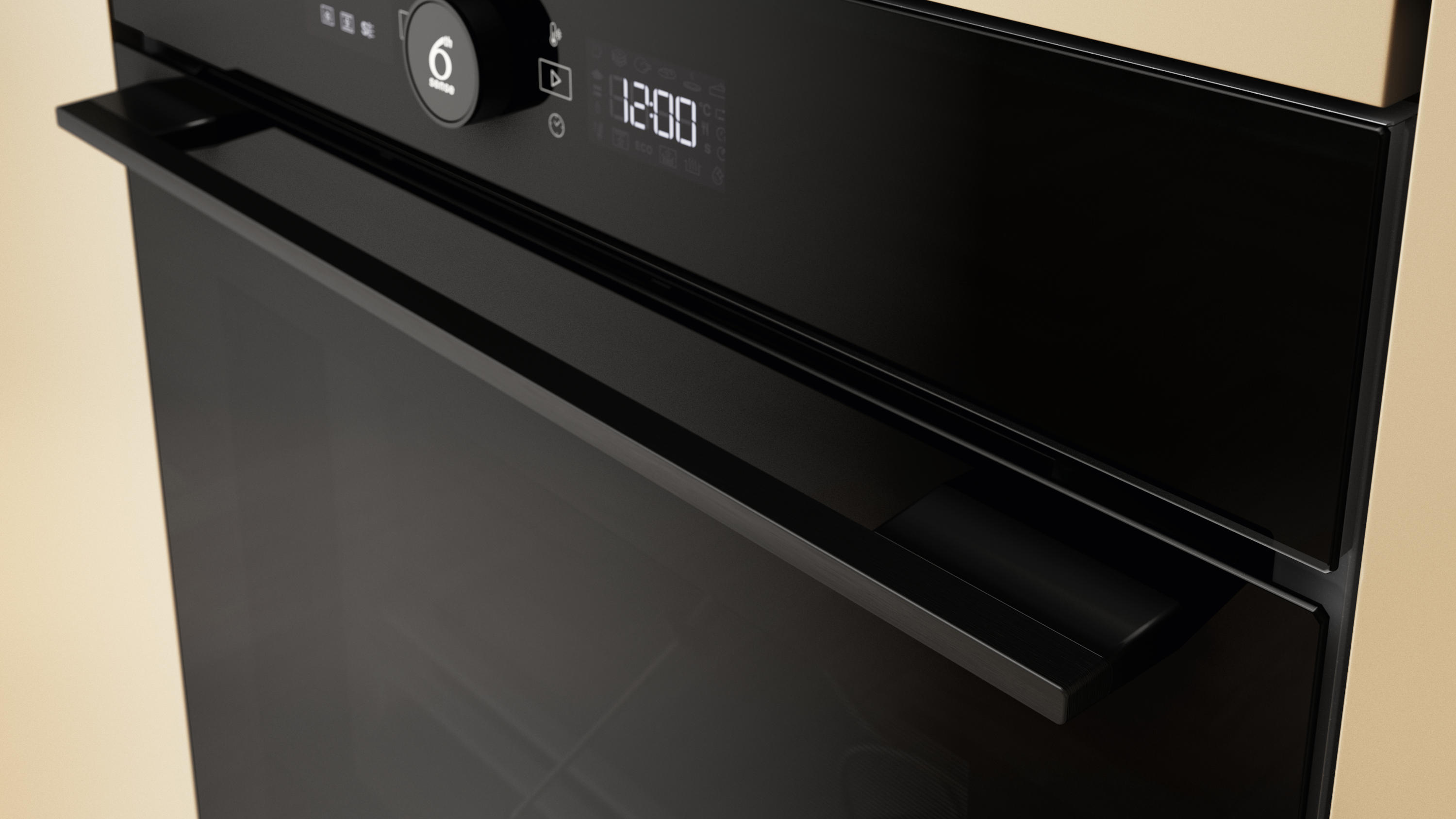 Czarny front piekarnika z srebrną rączką. Wyświetlacz cyfrowy pokazuje 12:00.