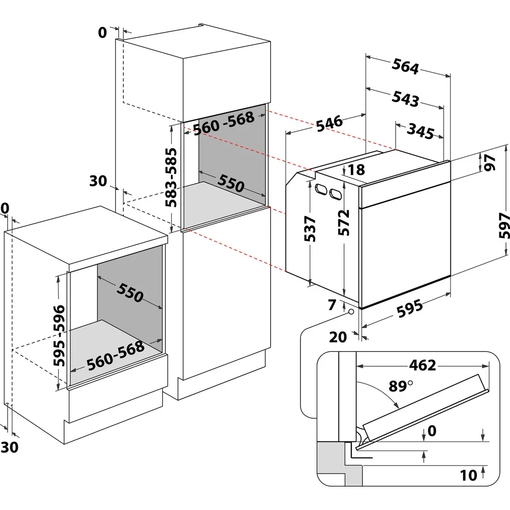 Diagram przedstawia wymiary piekarników do zabudowy. Zawiera wysokość, szerokość, głębokość i wymiary wycięcia.