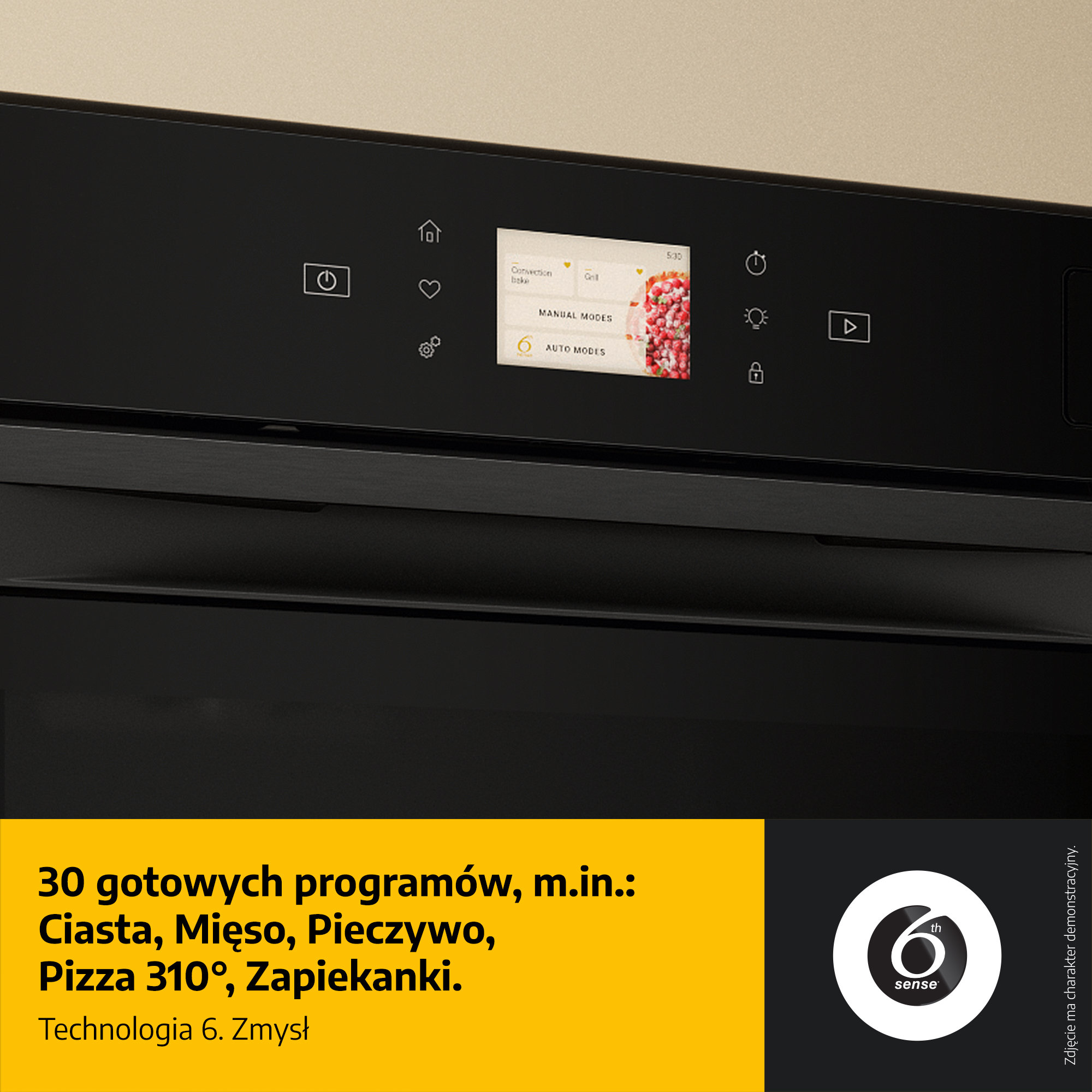 Czarny piekarnik z ekranem dotykowym pokazującym tryby gotowania. Poniżej żółty obszar.