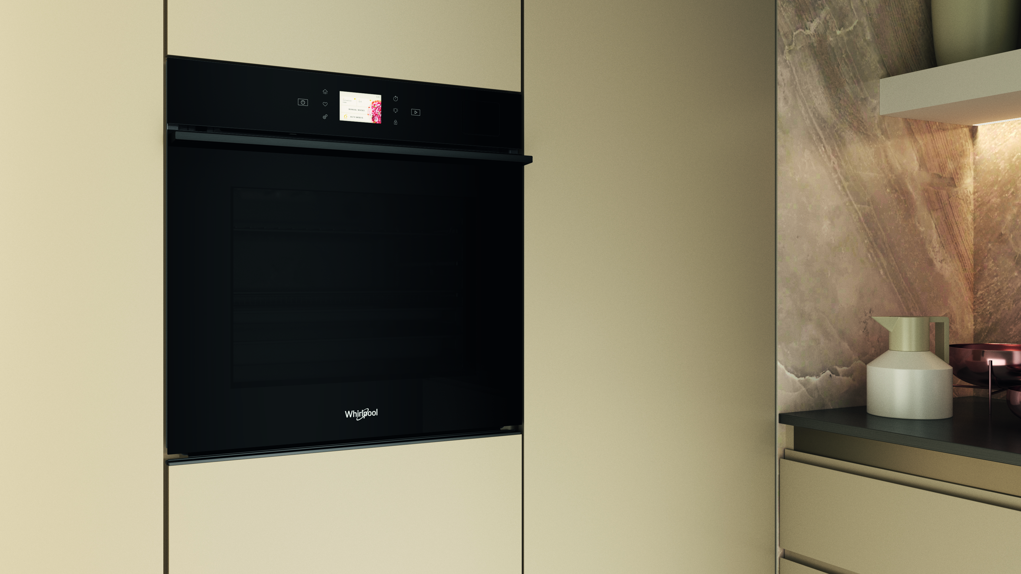 Nowoczesny czarny piekarnik Whirlpool jest wbudowany w beżową szafkę kuchenną. Piekarnik ma cyfrowy wyświetlacz.