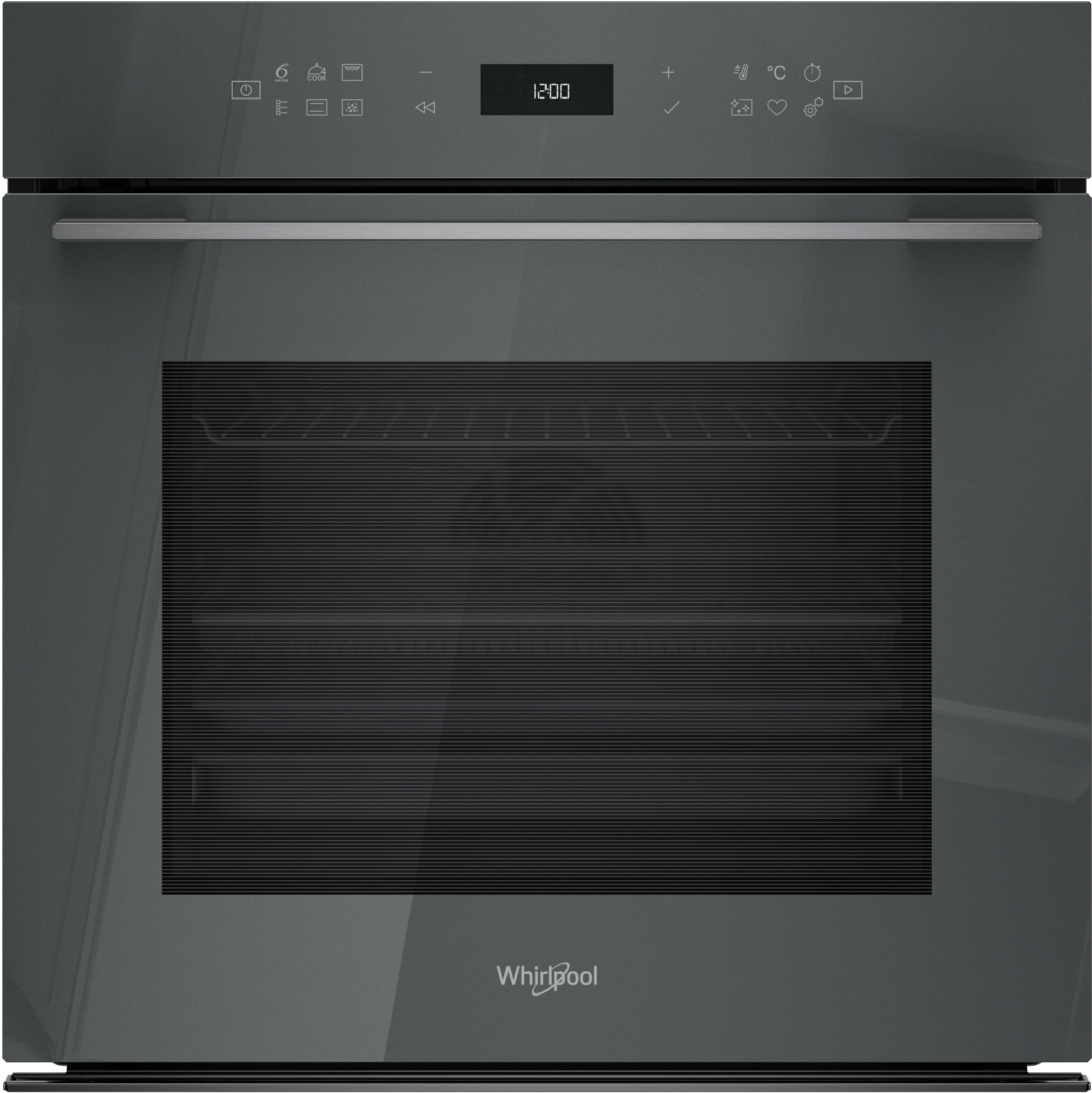 Nowoczesny ciemny piekarnik z cyfrowym wyświetlaczem i uchwytem.