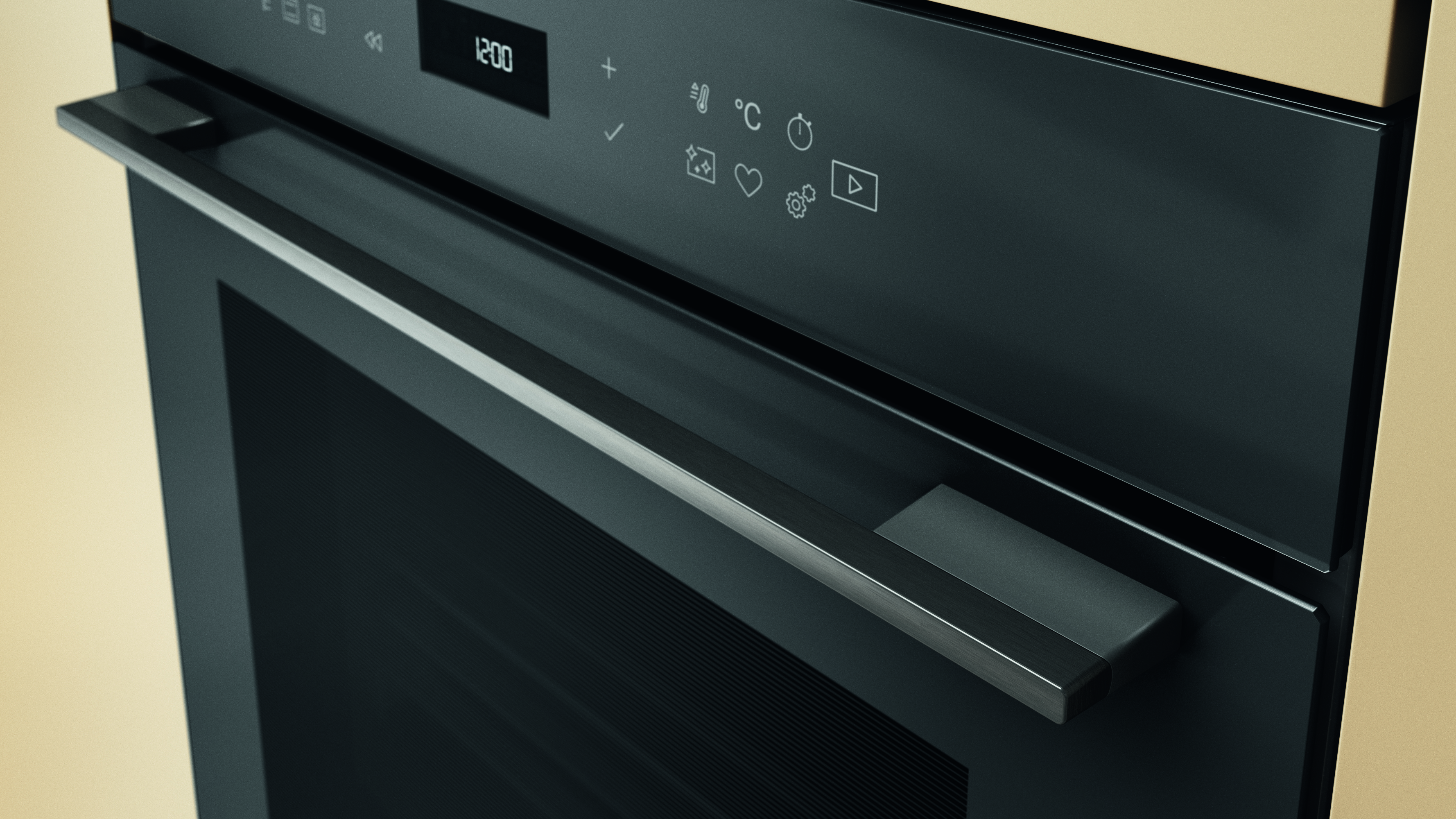 Zbliżenie czarnego uchwytu piekarnika z cyfrowymi przyciskami i wyświetlaczem czasu.