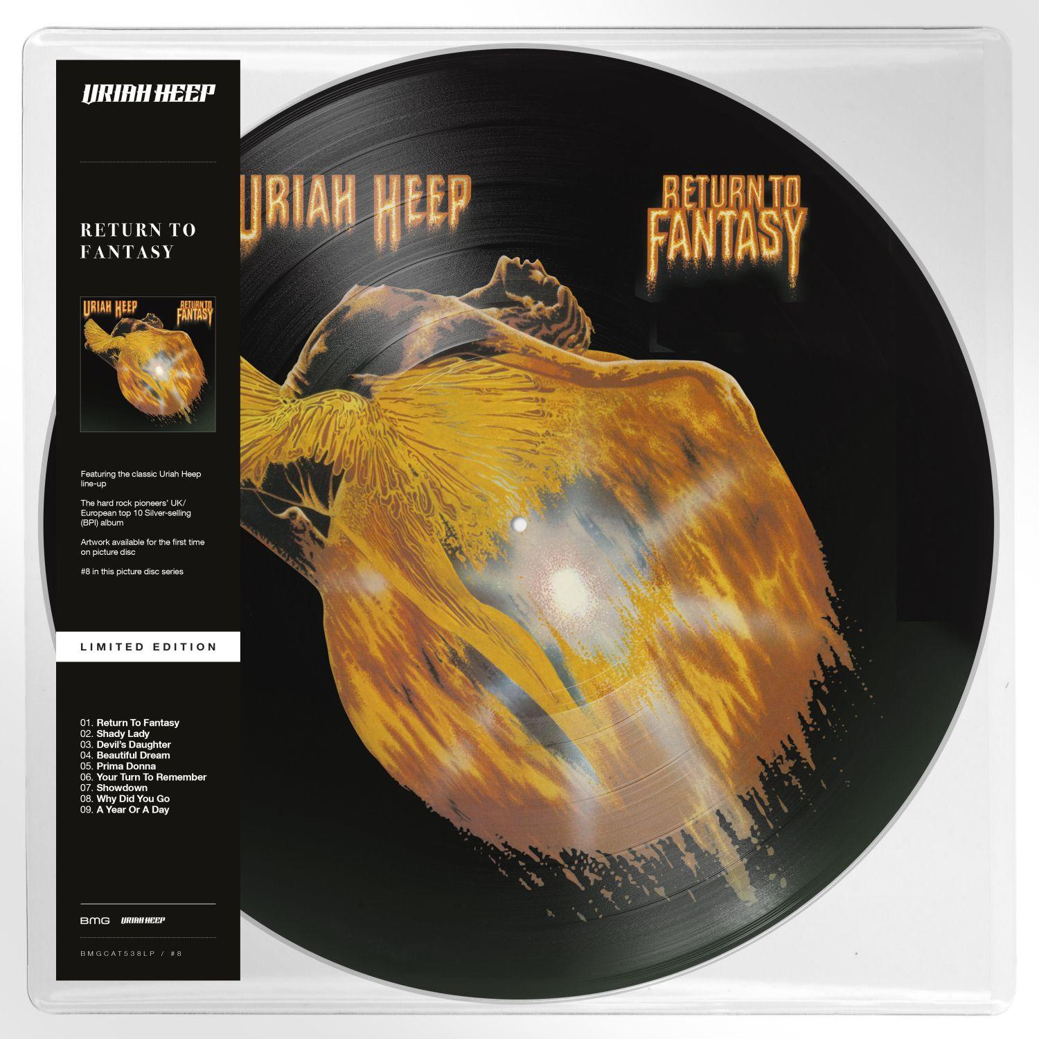 Uriah Heep 'Return to Fantasy' képlemez bakelitlemez, fekete címkével, dallistával.