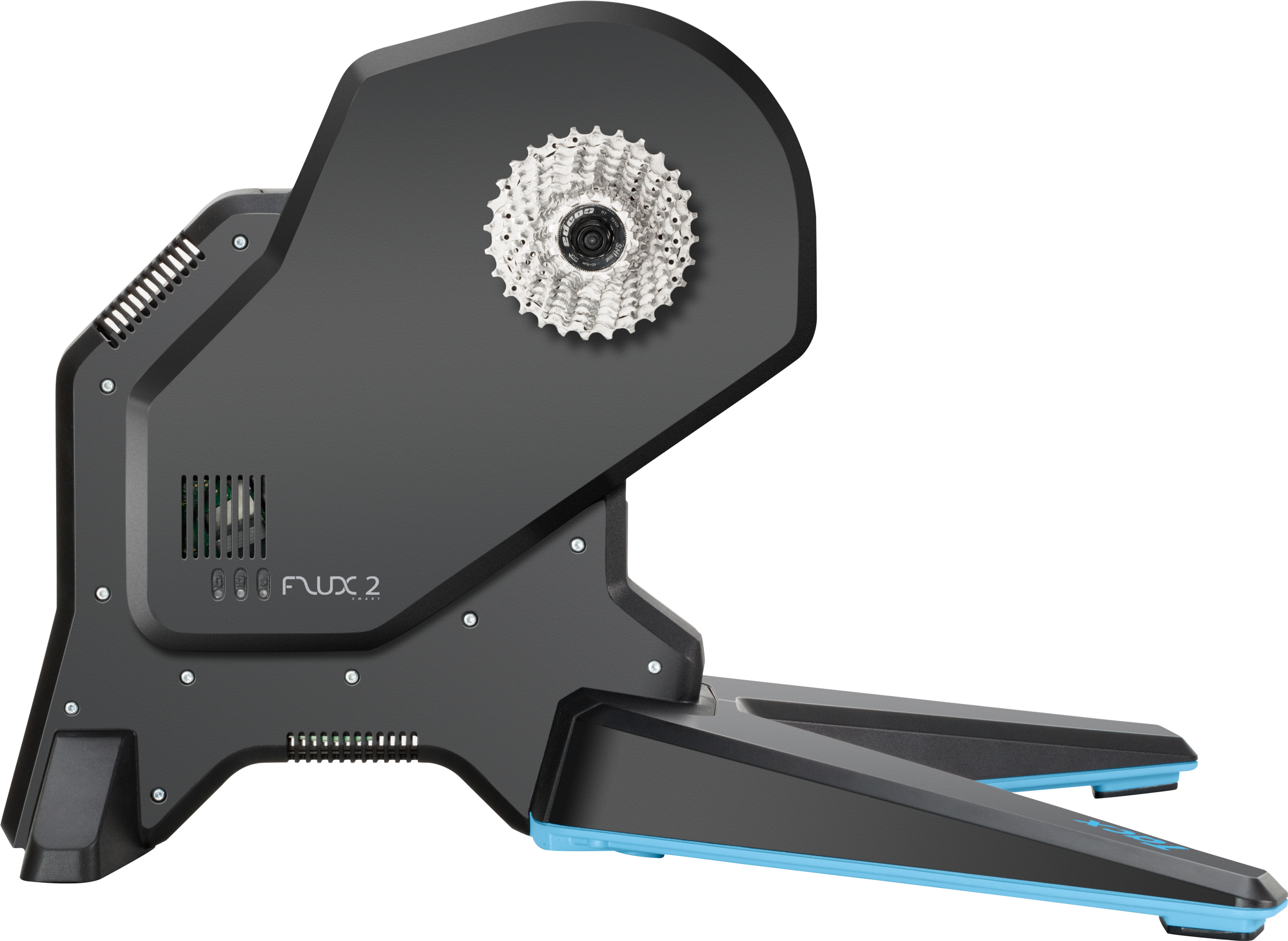 Ein schwarzer Fahrradtrainer mit Kassette und blauen Akzenten auf dem weißen Hintergrund.