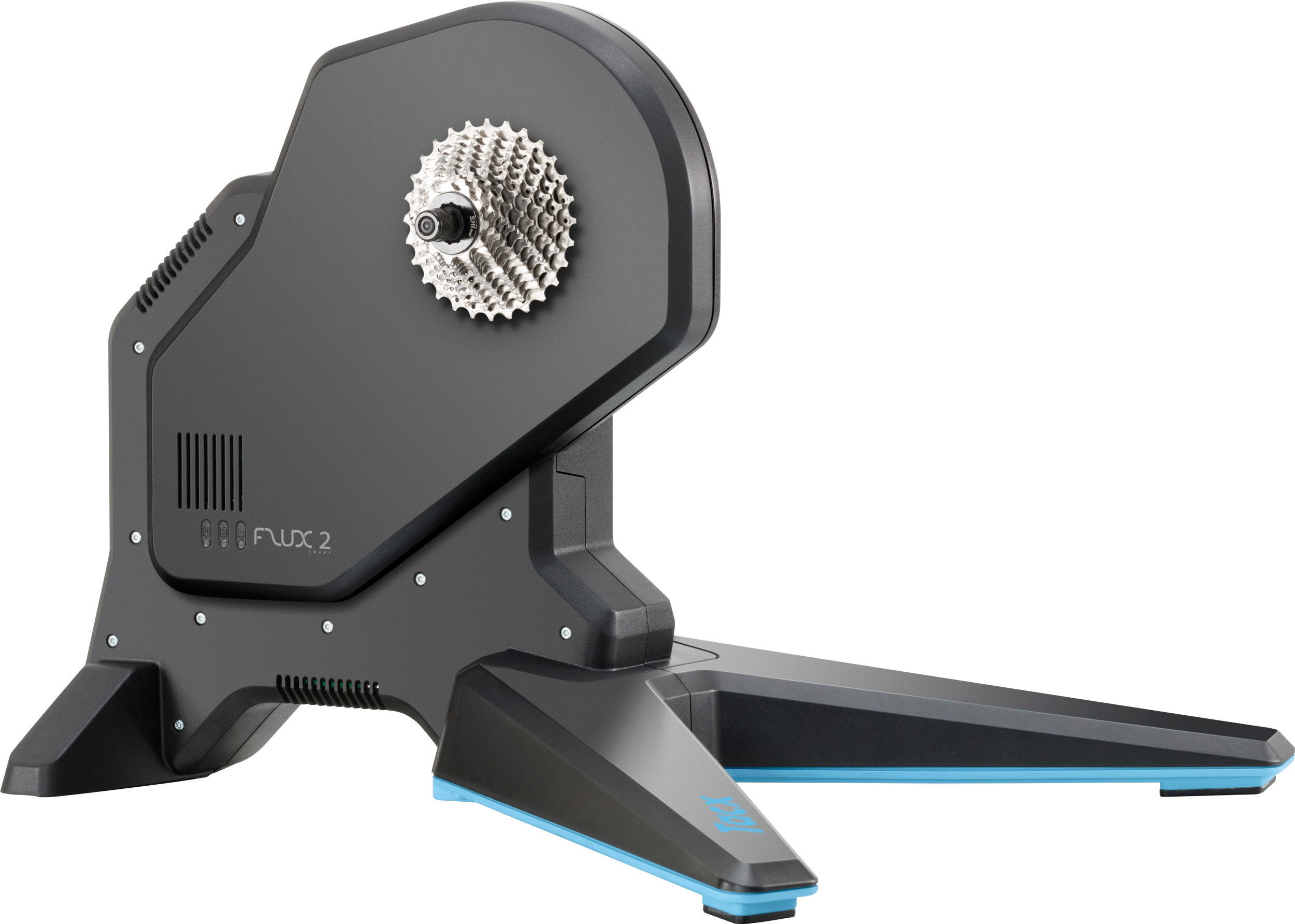 Schwarzer Fahrradtrainer mit Kassette, blauen Akzenten und Lüftungsschlitzen.