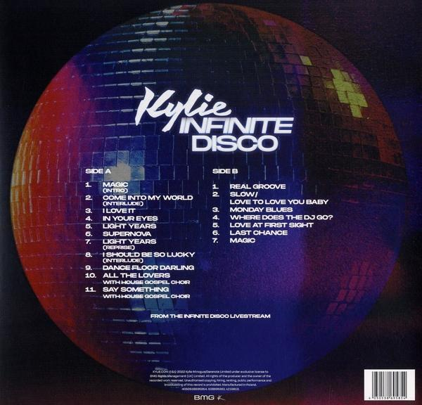 Kylie Minogue Infinite Disco album tracklista diszkógömb háttérrel.