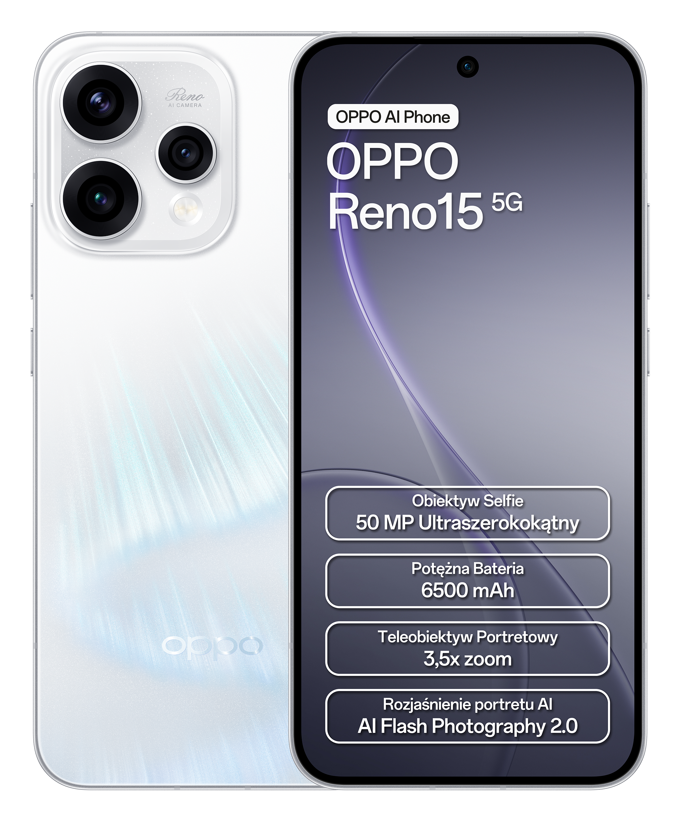 Biały smartfon OPPO Reno15 5G z potrójnym aparatem i ekranem.