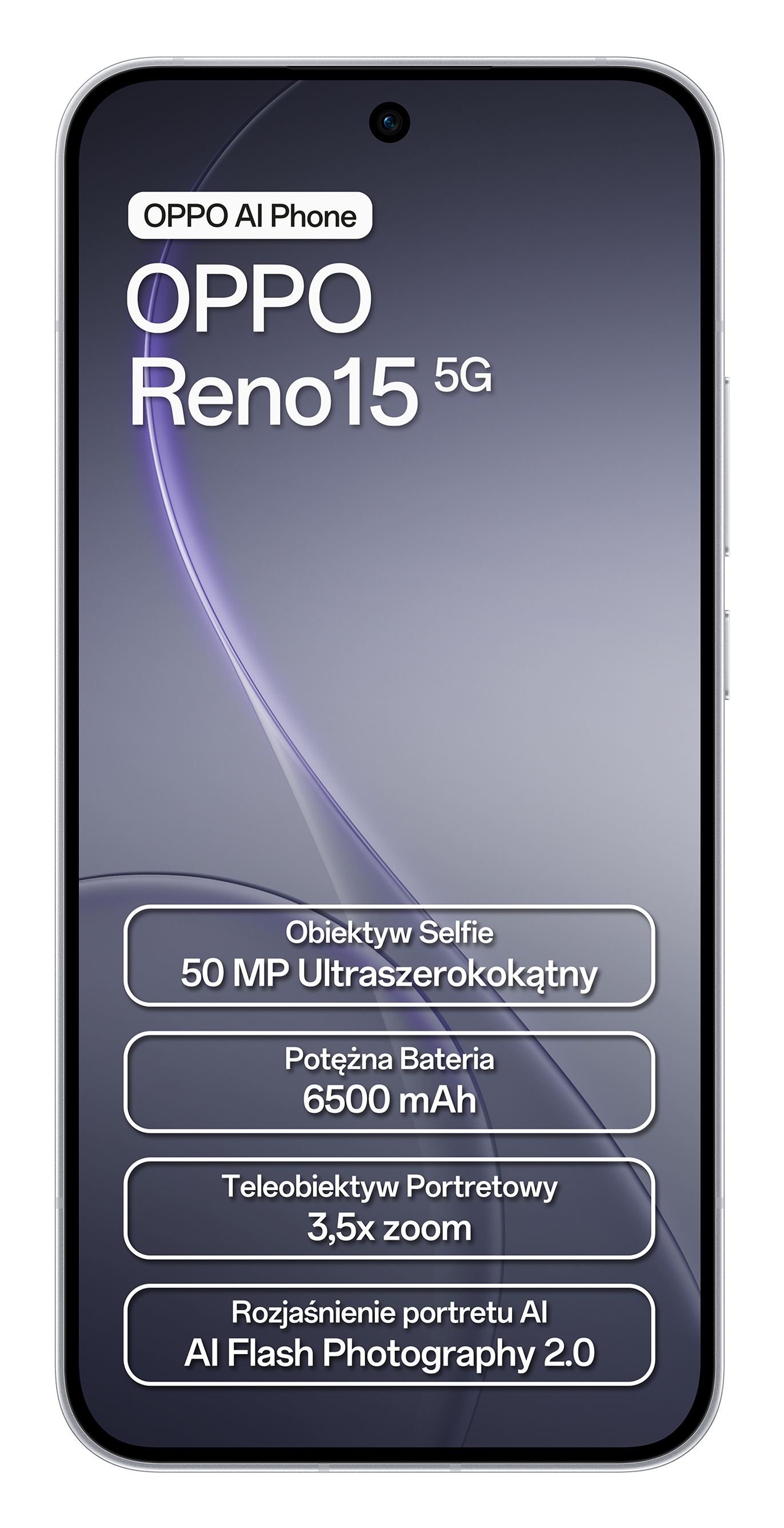 Telefon OPPO Reno15 5G z ultraszerokokątnym aparatem selfie 50MP i baterią 6500mAh.