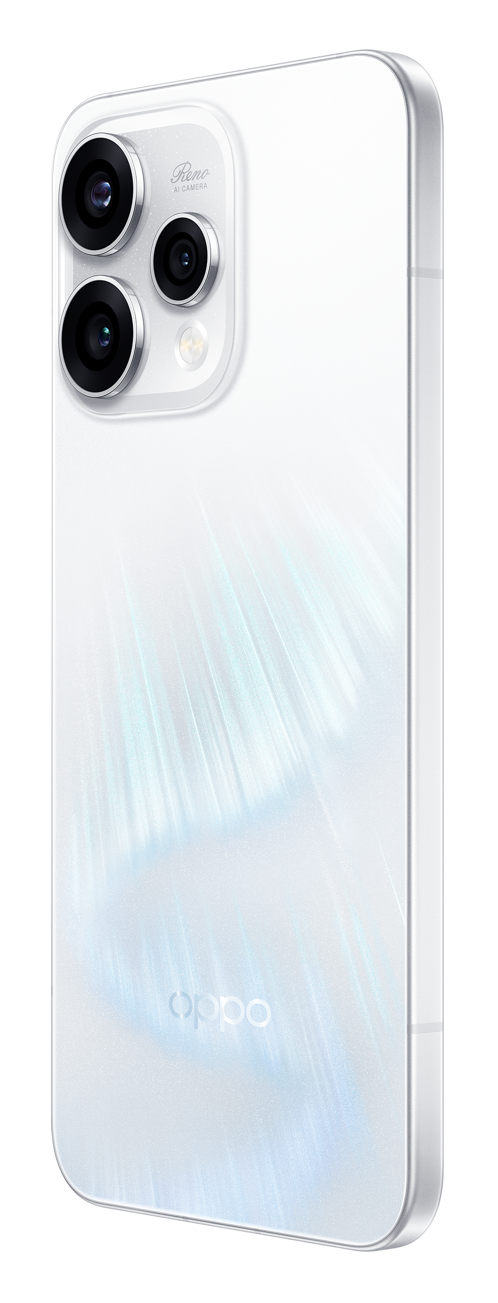 Biały smartfon z potrójnym aparatem i logo Oppo.