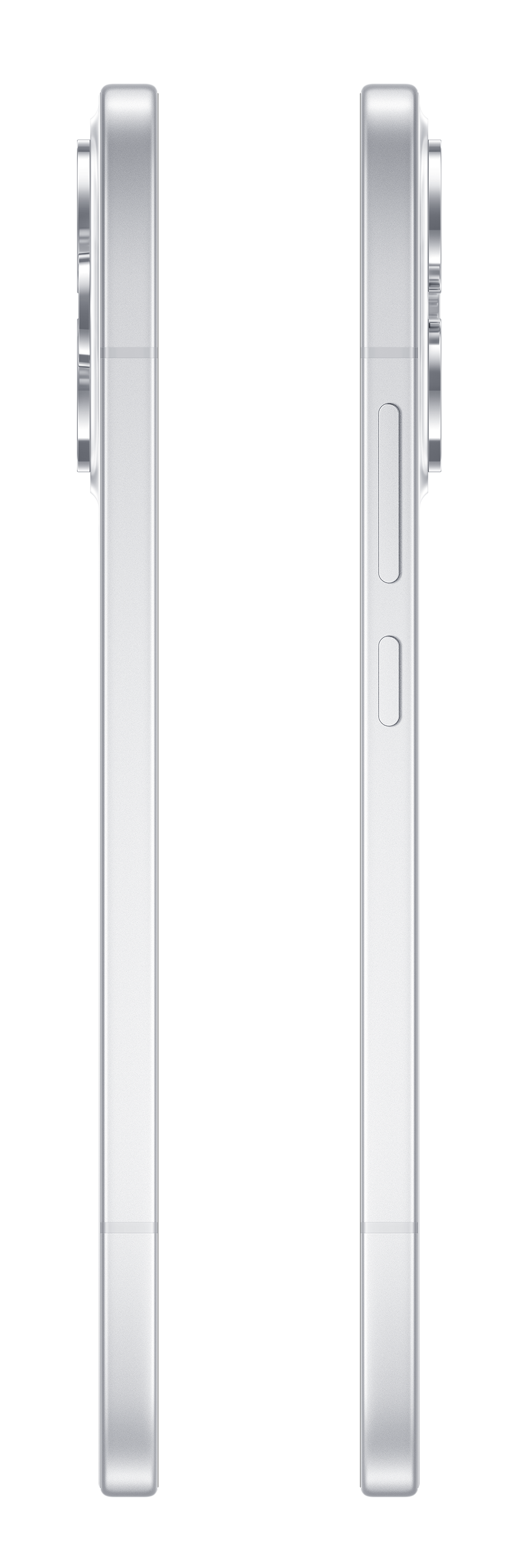 Dwa białe smartfony obok siebie, widok z profilu. Jeden ma przyciski.