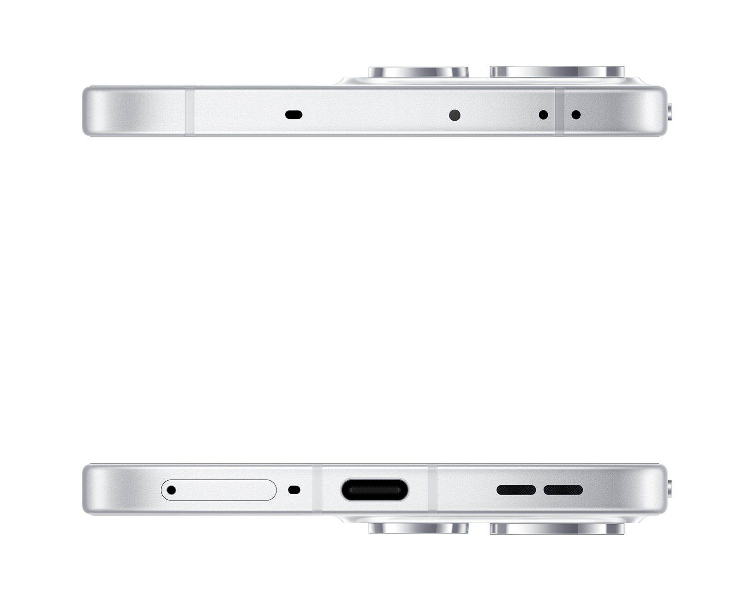 Zbliżenie krawędzi białego smartfona pokazujące kamery i porty.