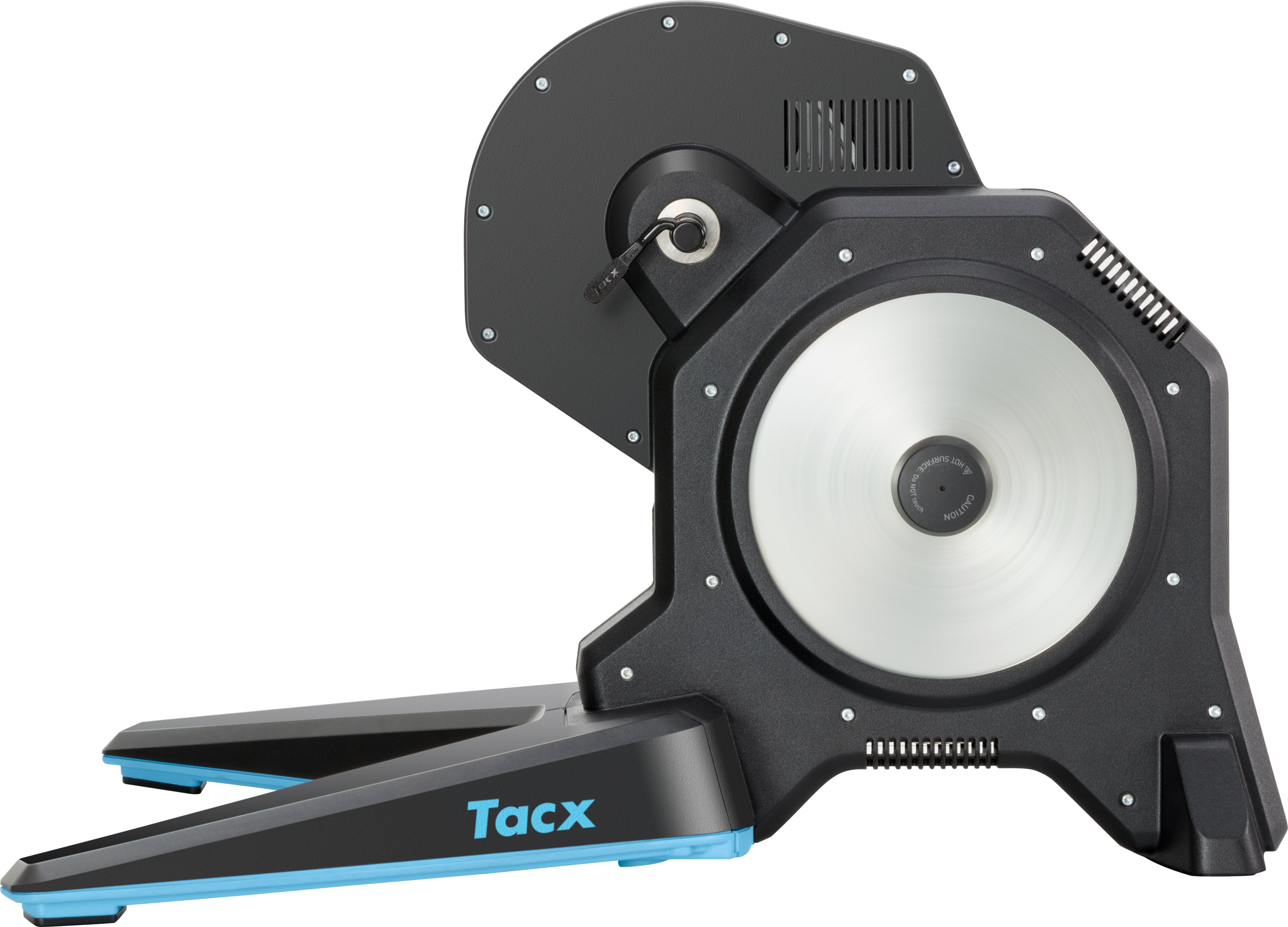 Ein schwarzer Tacx-Fahrradtrainer mit silbernem Schwungrad und blauen Akzenten.