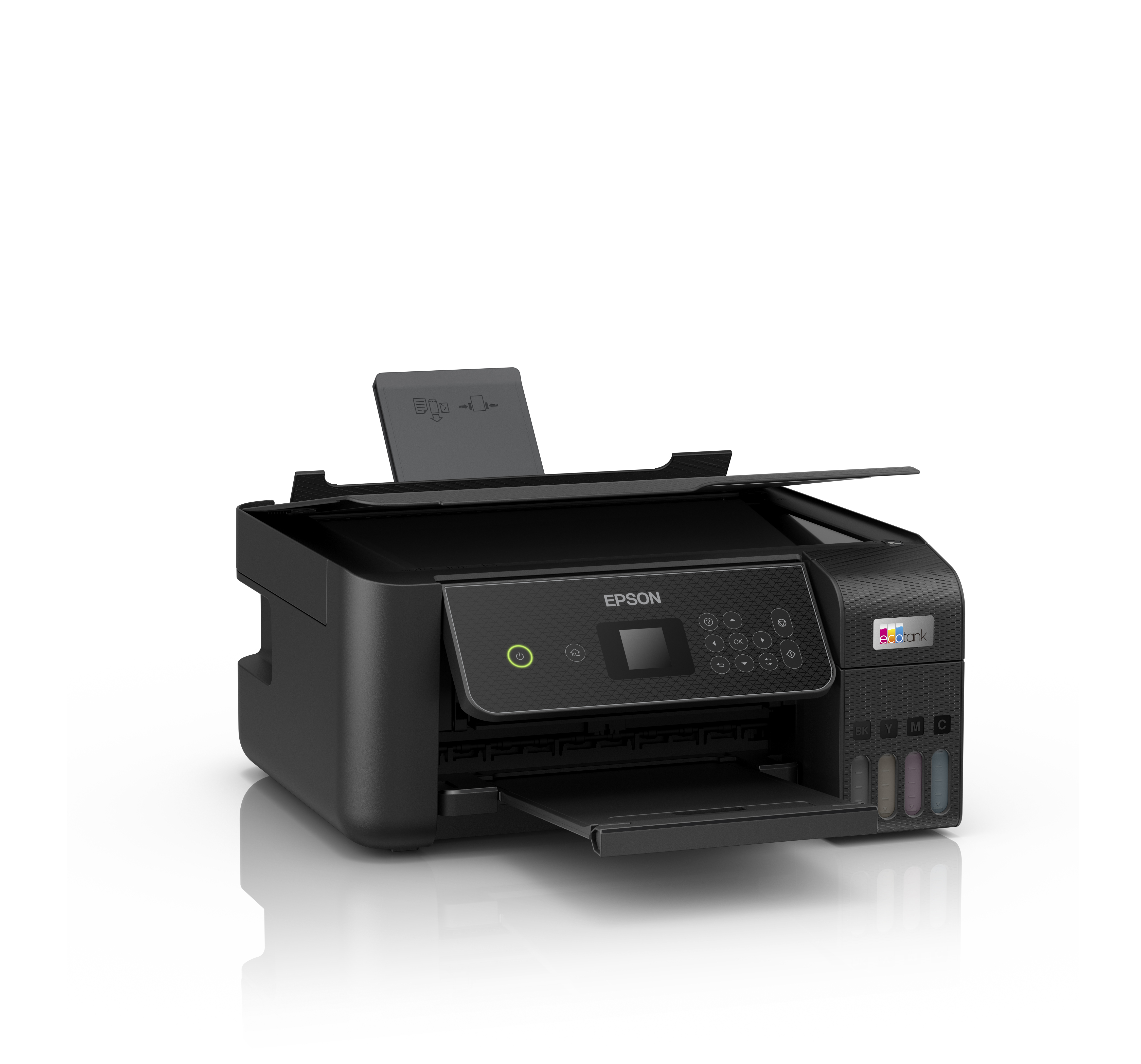 Stampante Epson EcoTank nera con pannello di controllo e serbatoi d'inchiostro.