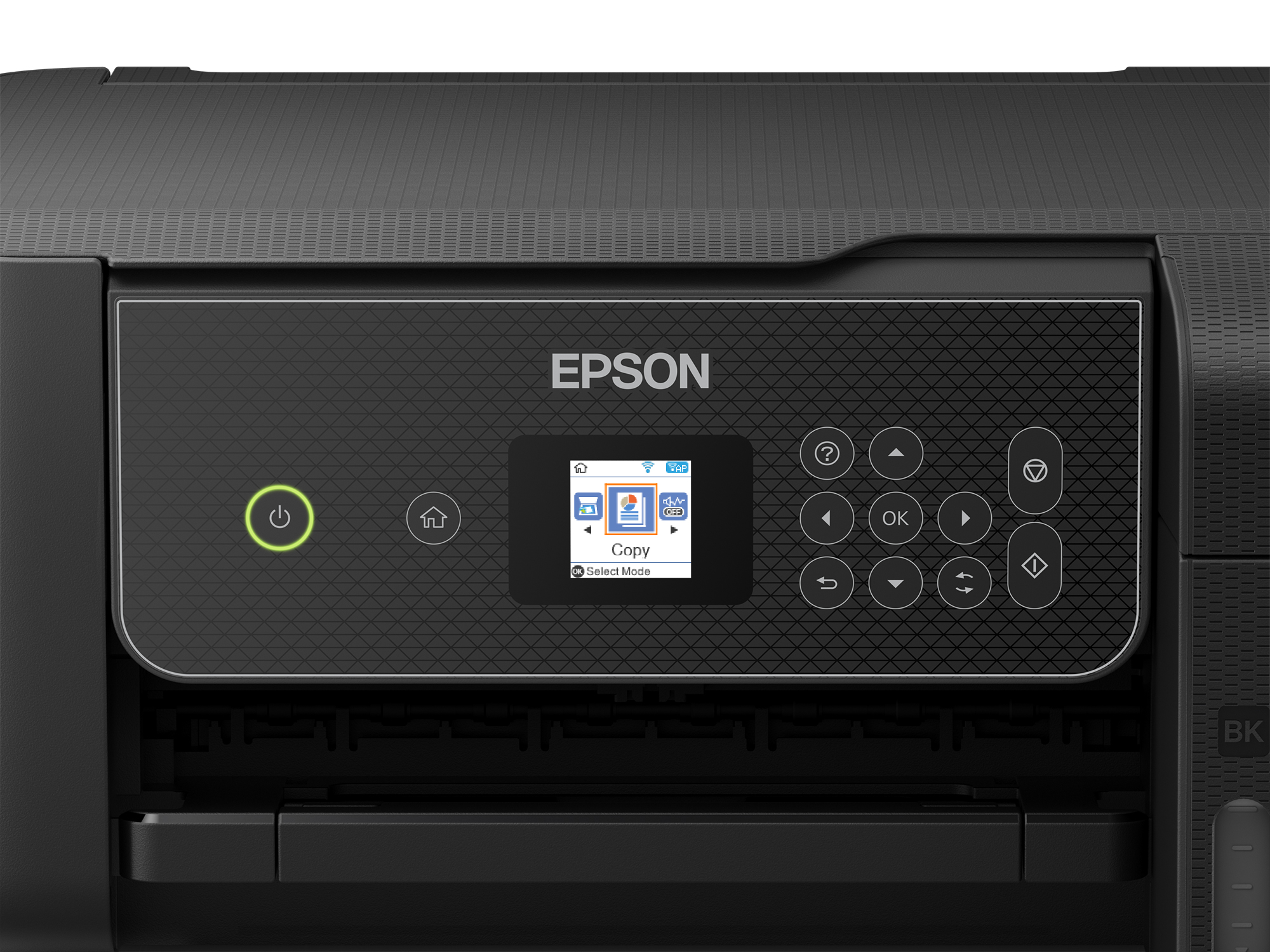 Primo piano di una stampante Epson nera con display a colori che mostra 'Copia' e pulsanti di controllo.