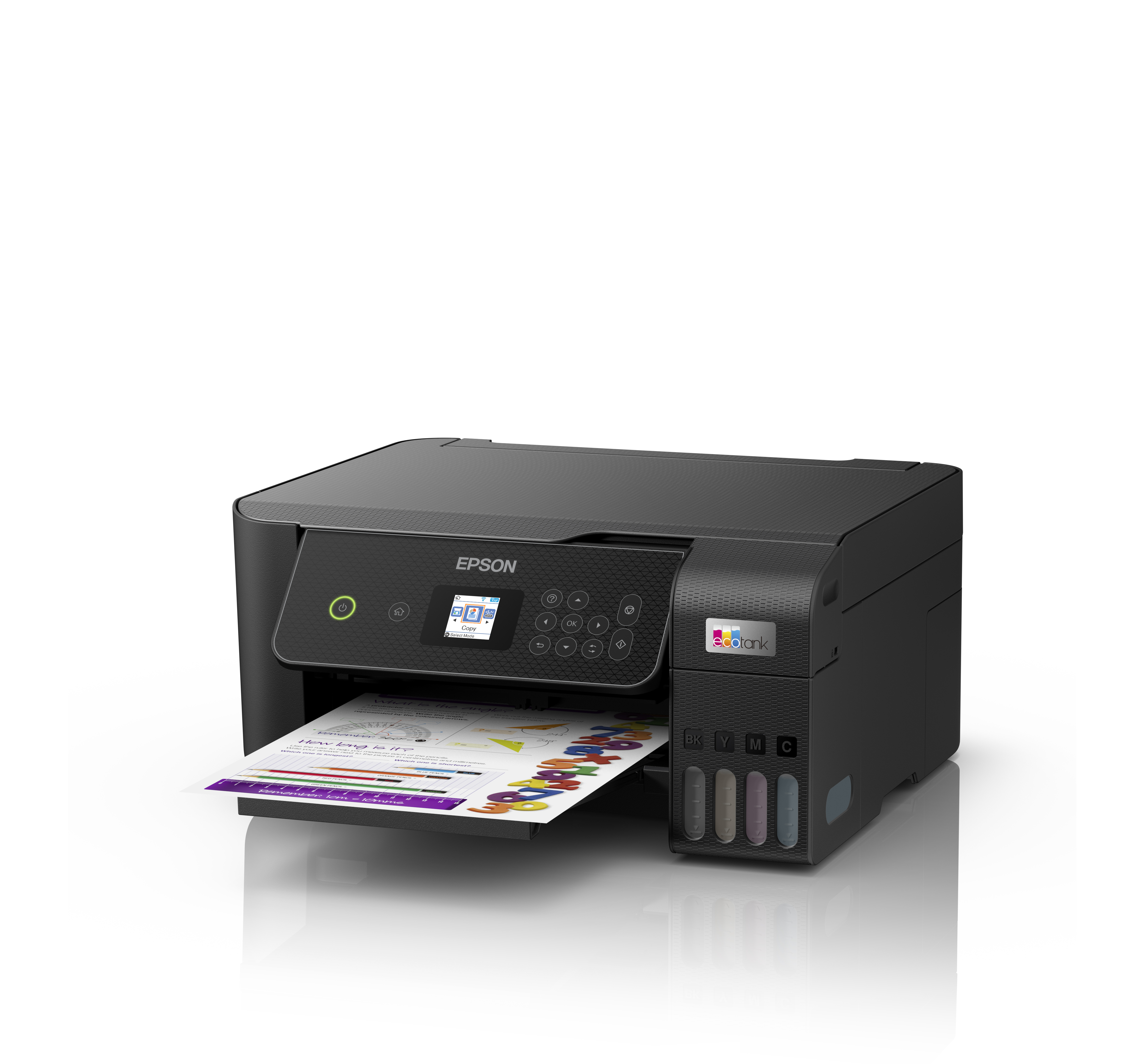 Una stampante Epson EcoTank nera con una pagina stampata che mostra matite e righelli colorati.