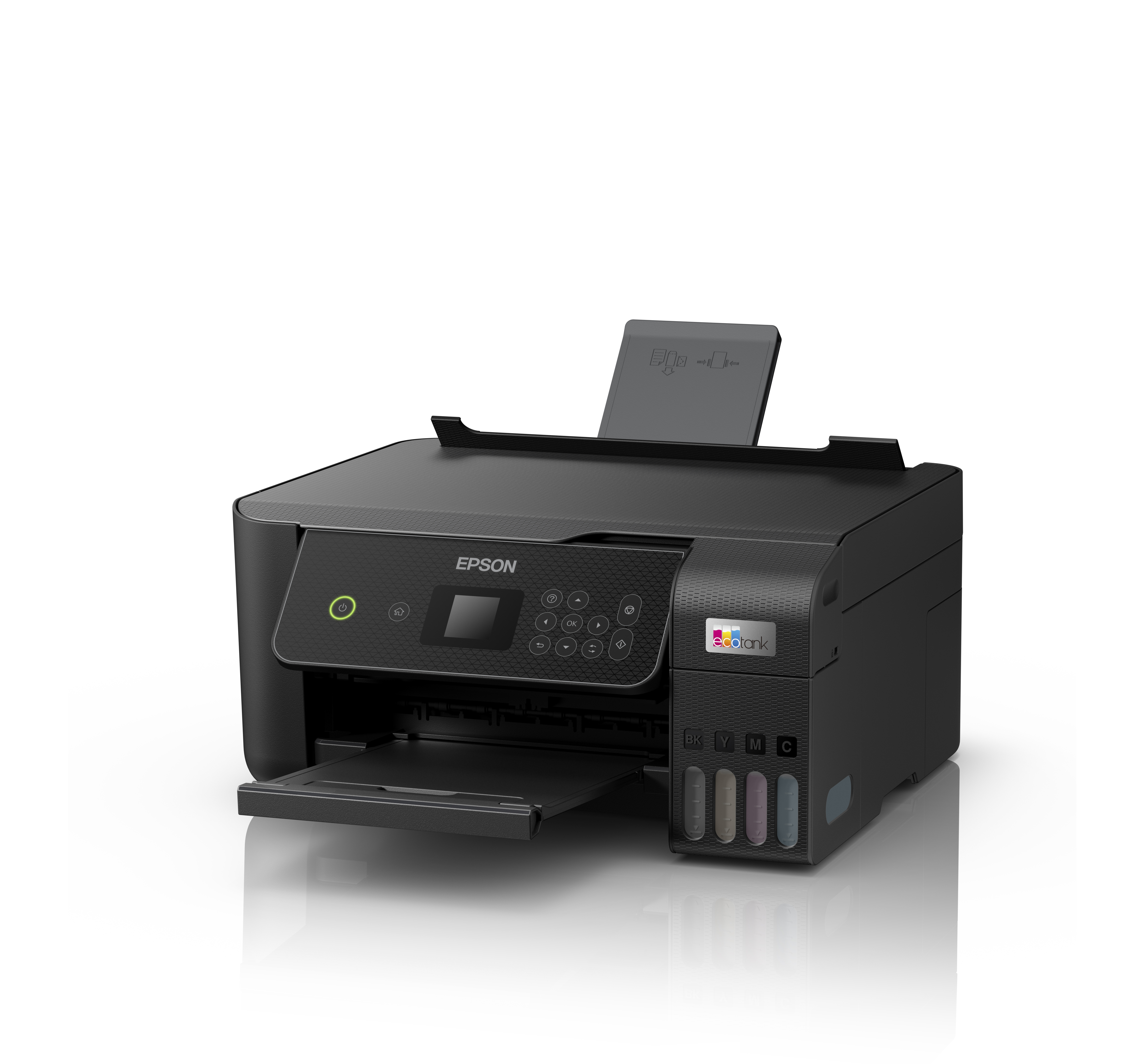 Una stampante Epson EcoTank nera con vassoio carta apribile e serbatoi d'inchiostro.
