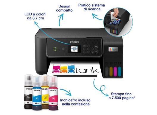 Una stampante Epson EcoTank con display a colori, quattro bottiglie d'inchiostro e sistema di ricarica.