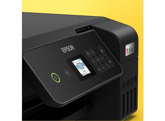 Stampante Epson nera con pannello di controllo e schermo, su sfondo giallo.