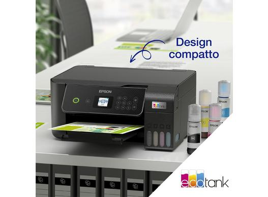 Stampante Epson EcoTank con boccette d'inchiostro su una scrivania. Testo: 'Design compatto'.