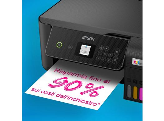 Stampante Epson stampa un foglio con scritto Risparmia fino al 90% sui costi dell'inchiostro.