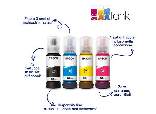 Quattro flaconi d'inchiostro Epson EcoTank: nero, ciano, giallo, magenta.
