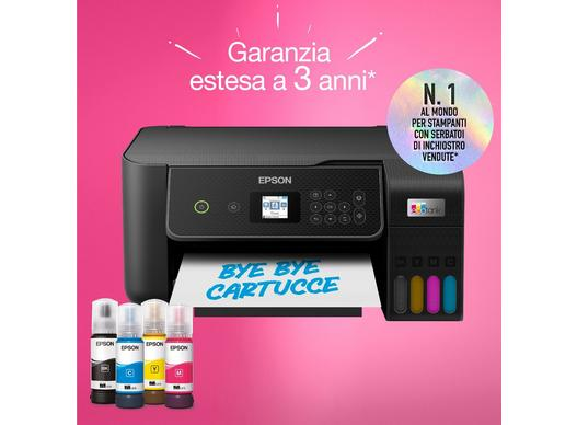 Stampante Epson nera con flaconi d'inchiostro. "Bye Bye Cartucce" stampato su carta.