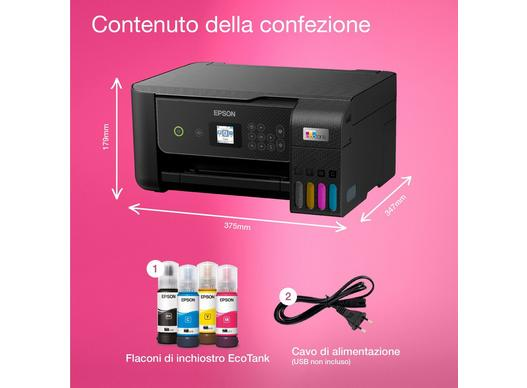 Una stampante Epson nera con quattro flaconi d'inchiostro e un cavo di alimentazione.