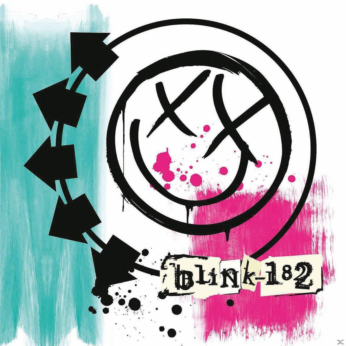 Blink-182 logó: vigyorgó arc X szemekkel, fekete nyilak, rózsaszín és türkiz háttér.