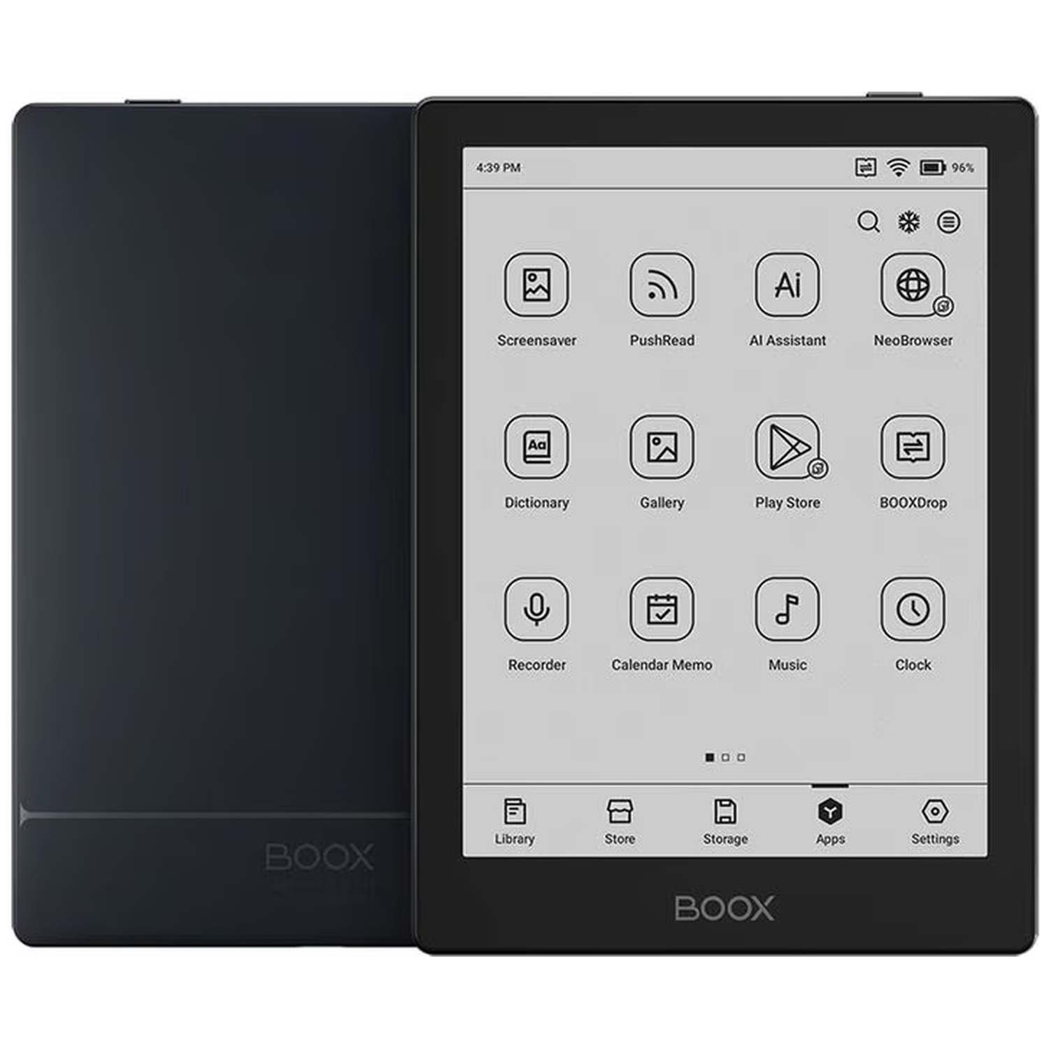 A dark blue e-reader with a screen showing apps like Screensaver, Dictionary, and Music.