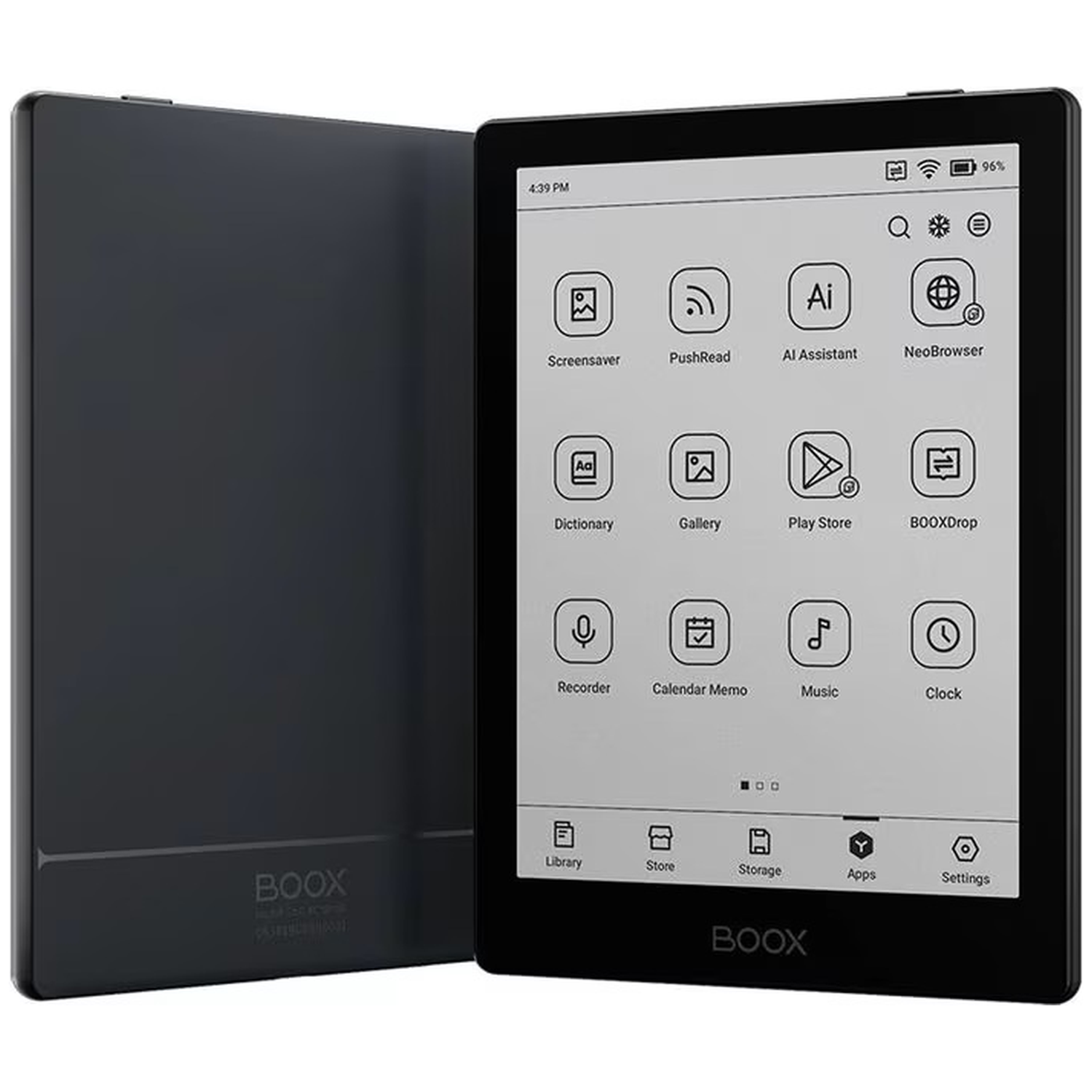 A black BOOX e-reader is shown open, displaying app icons on its screen.