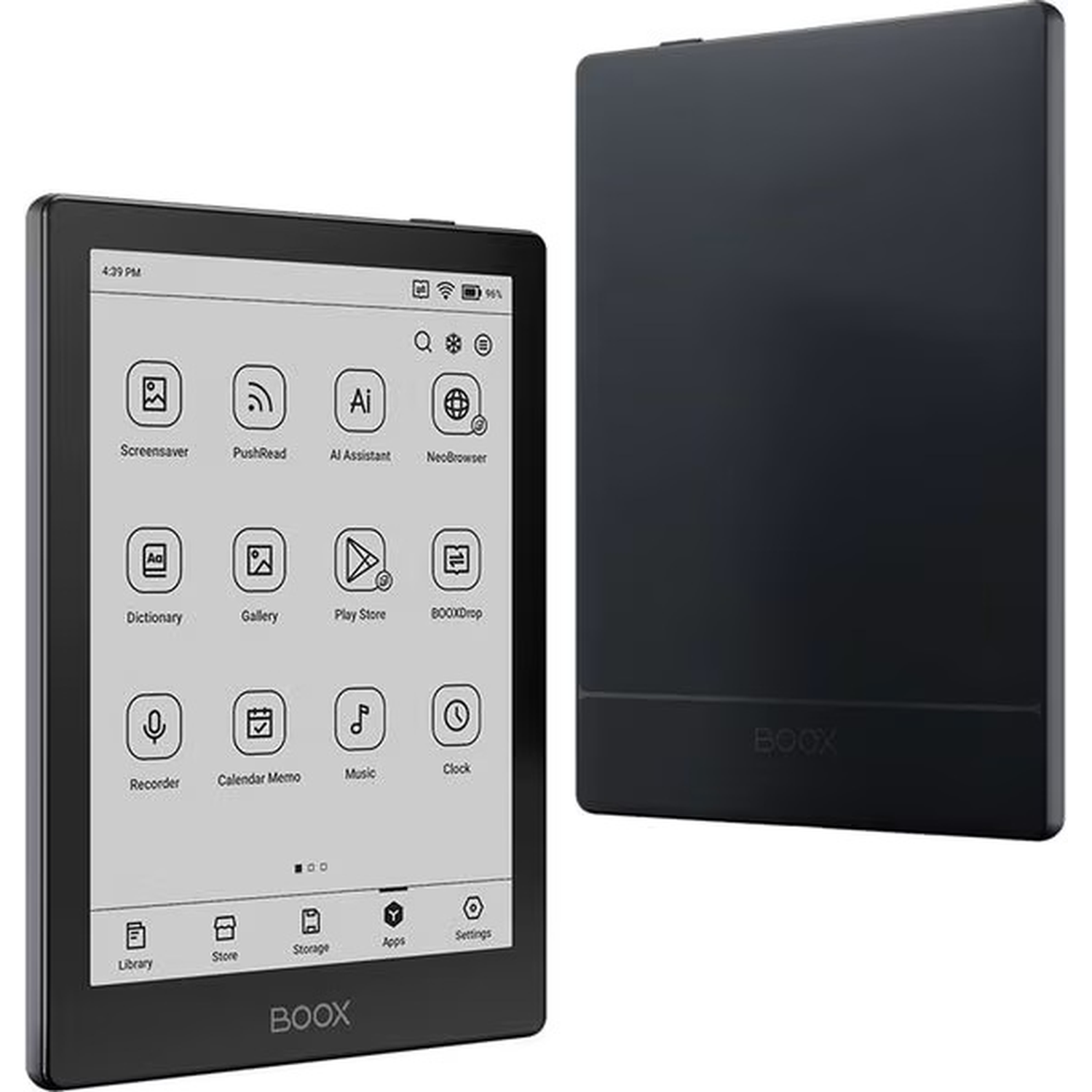 A black e-reader with an open display showing apps.