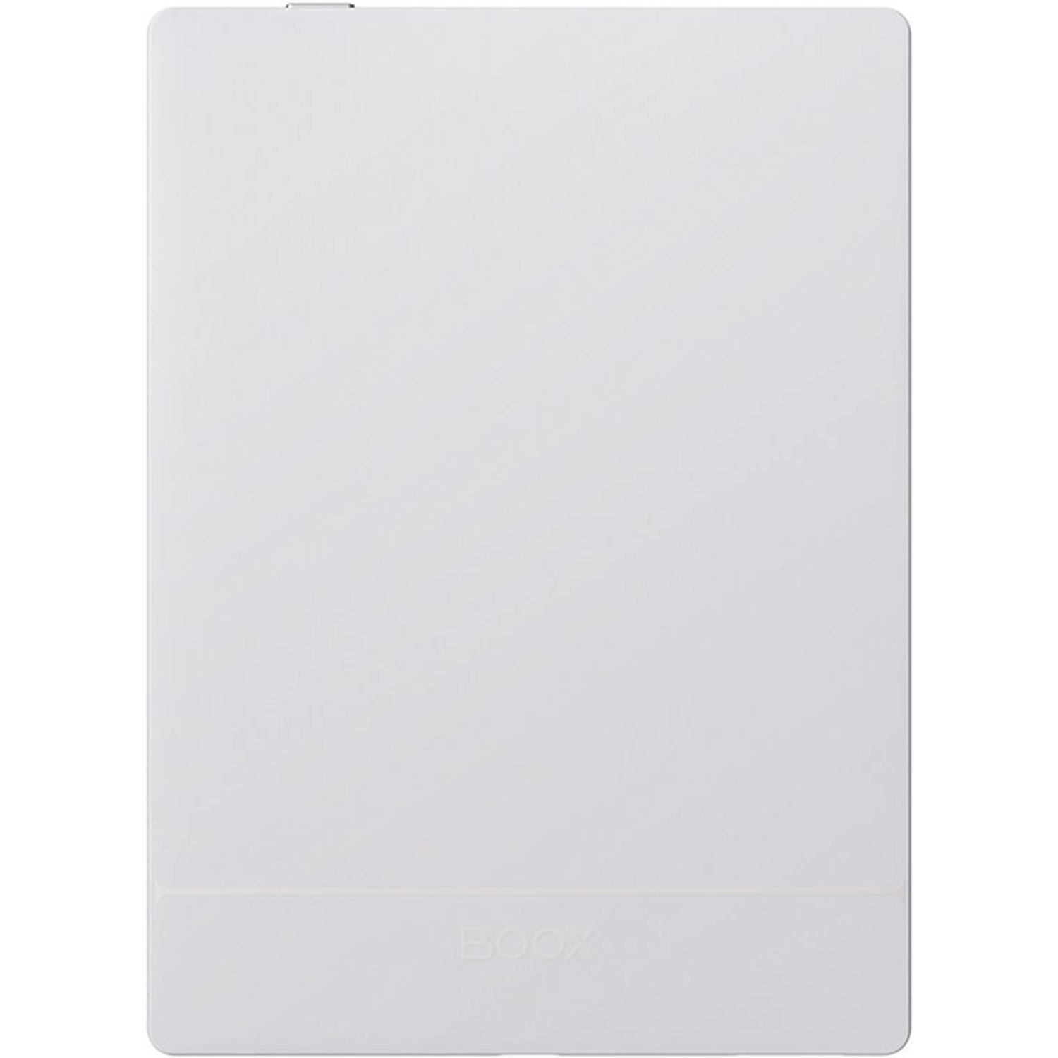 Een witte BOOX e-reader van voren getoond, met een subtiele horizontale lijn onderaan.