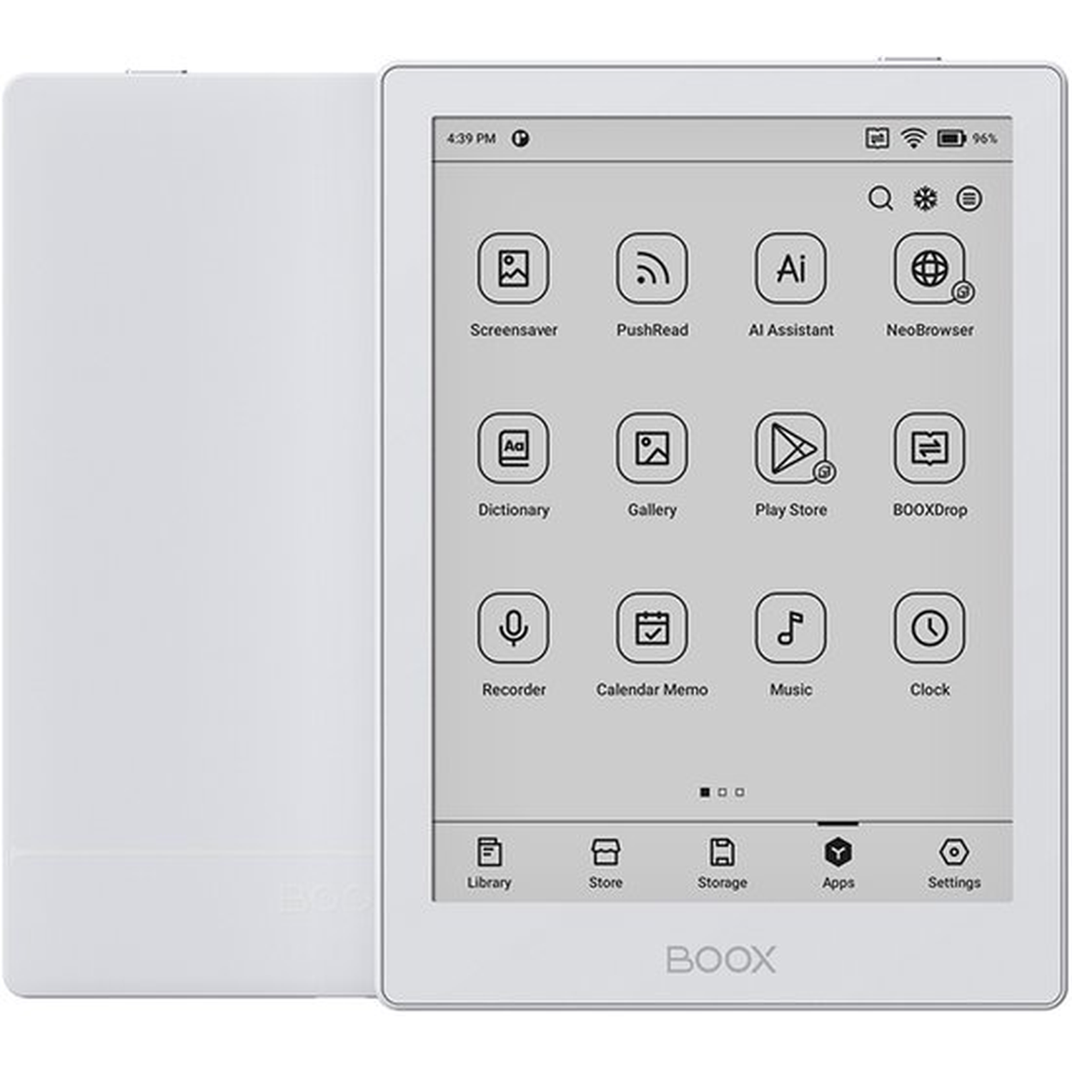Een witte e-reader met een startscherm met app-pictogrammen en een statusbalk bovenaan.